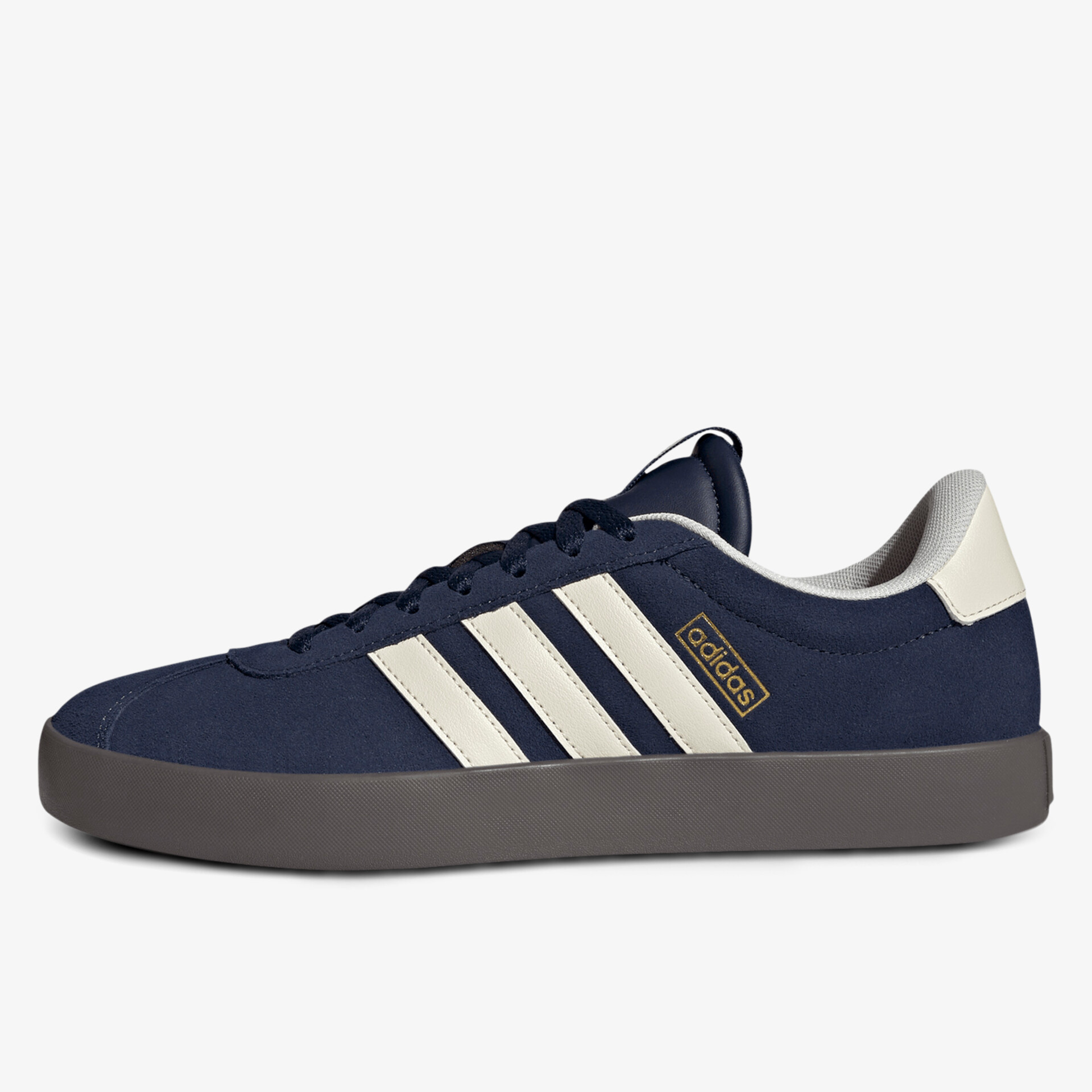 Seitliche Ansicht eines bequemen navy blauen Schuhs mit weißen Streifen und flacher flexibler Sohle