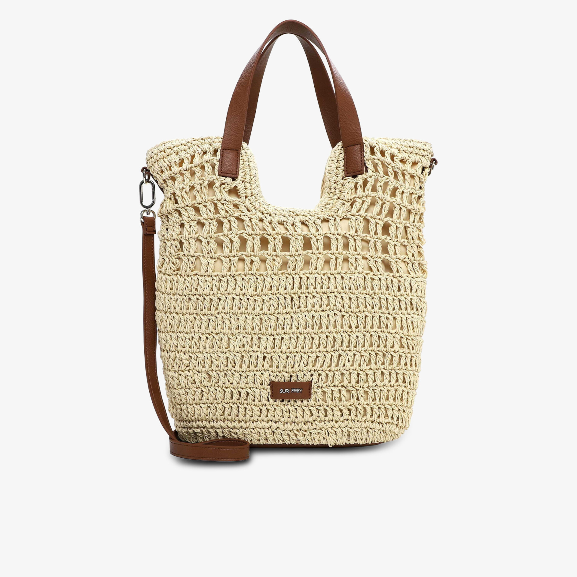 Gehäkelte Tasche mit braunen Henkeln und Schulterriemen, modisch und praktisch für den Alltag