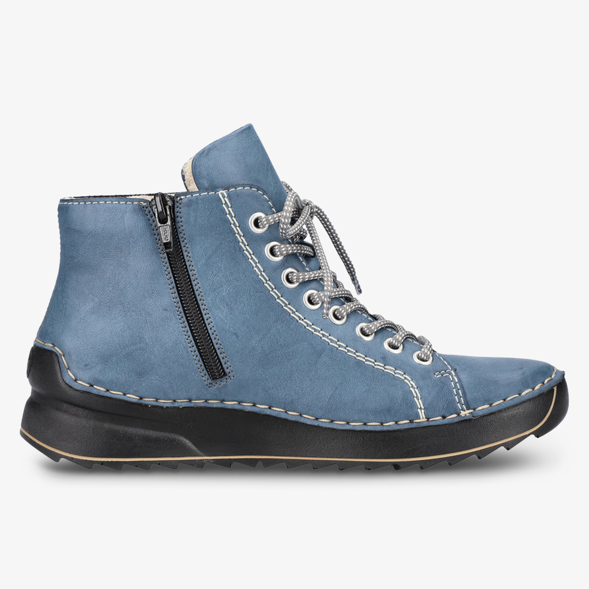 Seitlich sichtbarer blauer Stiefel mit Reißverschluss und Komfortsohle, ideal für bequemen Alltag