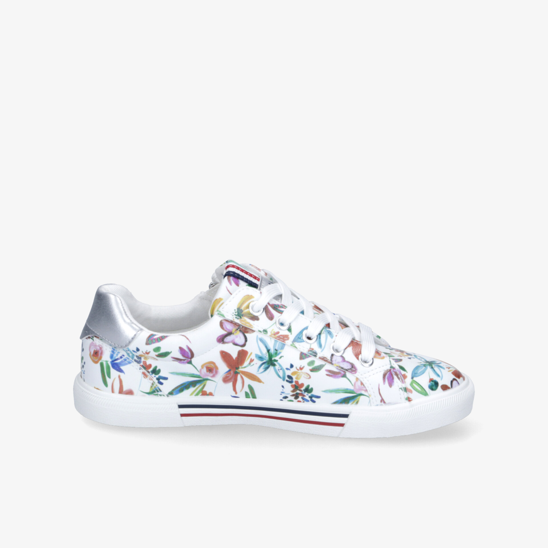 Moderner Sneaker mit buntem Blumenmuster, bequem und leicht, sportlich eleganter Stil seitliche Ansicht