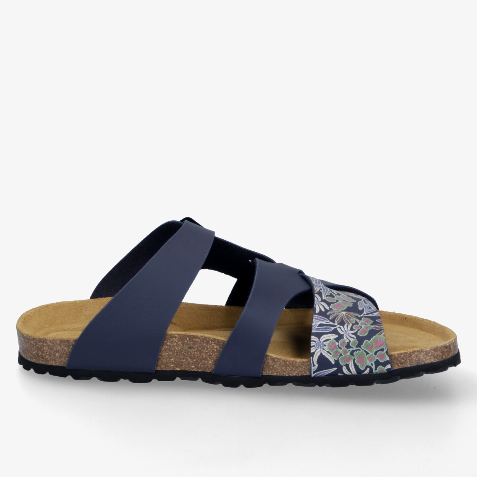 Modische Sandale mit ergonomischem Fußbett und floralem Muster auf bequemer Korksohle.