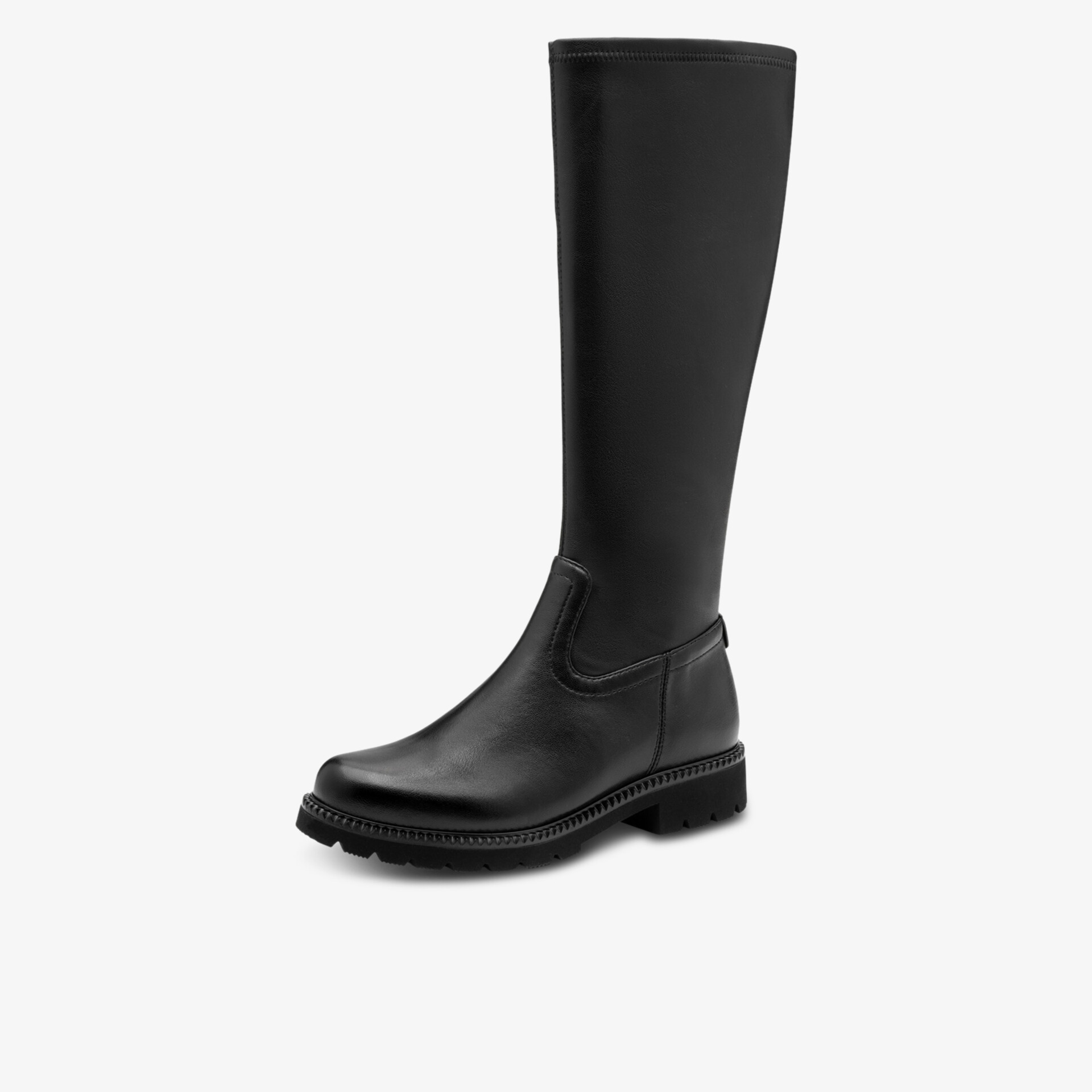 Schwarzer Langschaftreiterschuh mit glatter Lederoptik, robustem Absatz und klarer Seitenansicht