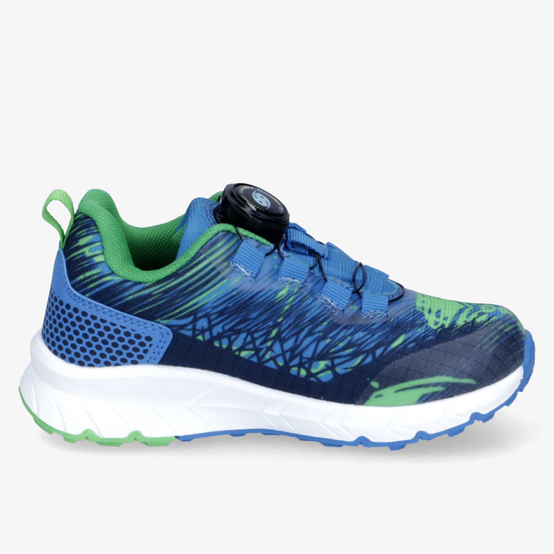 Seitlich sichtbarer leichter Sportschuh in Blau-Grün mit atmungsaktivem Material und robuster Sohle