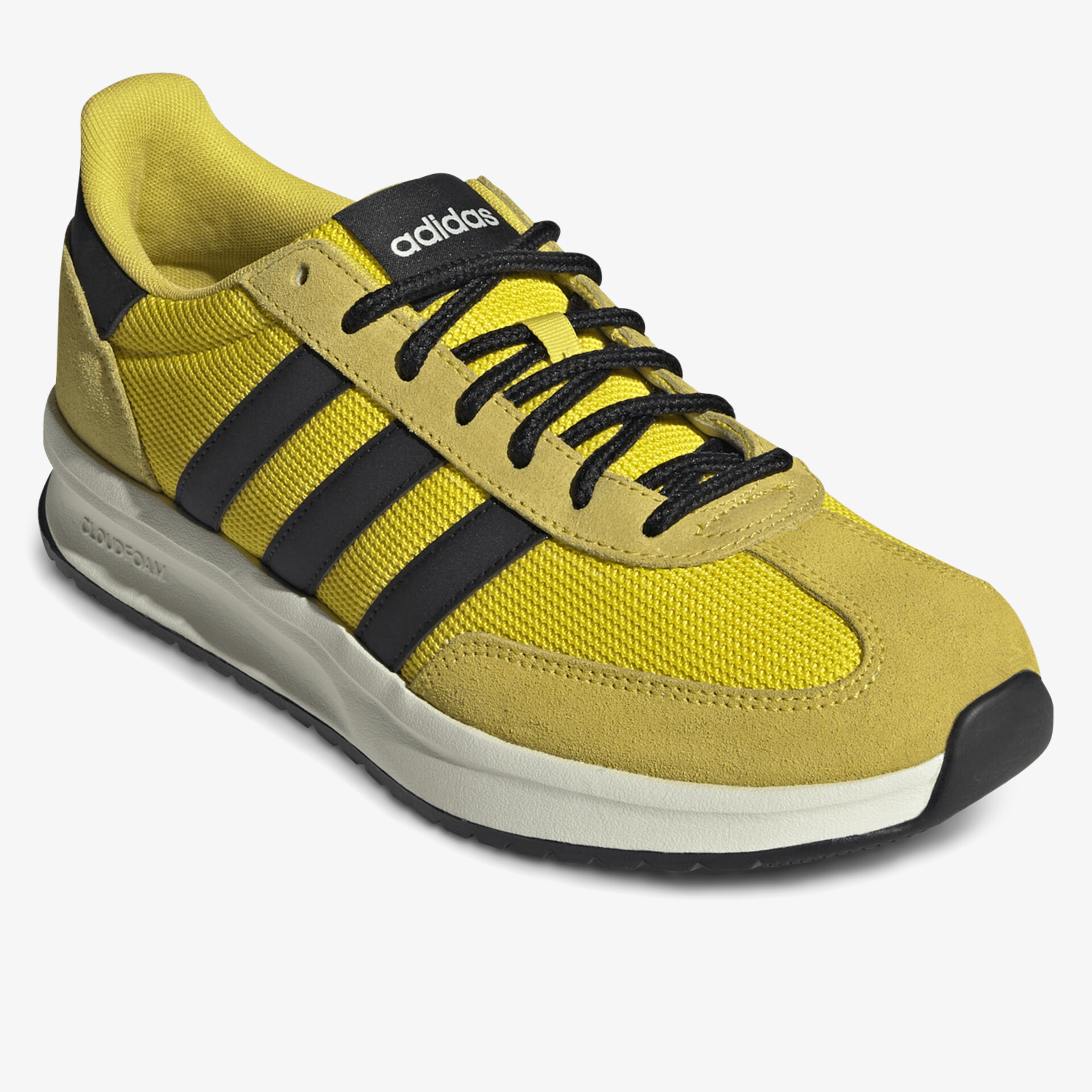 Gelber Sneaker mit schwarzem Streifendesign, leichte Gummisohle und komfortablem atmungsaktivem Material