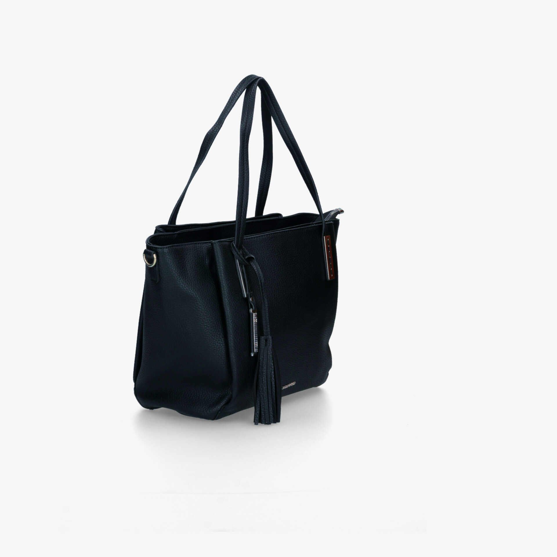 Schwarze modische Tasche mit langen Trägern, geräumig und elegant, mit Reißverschluss und praktischem Design