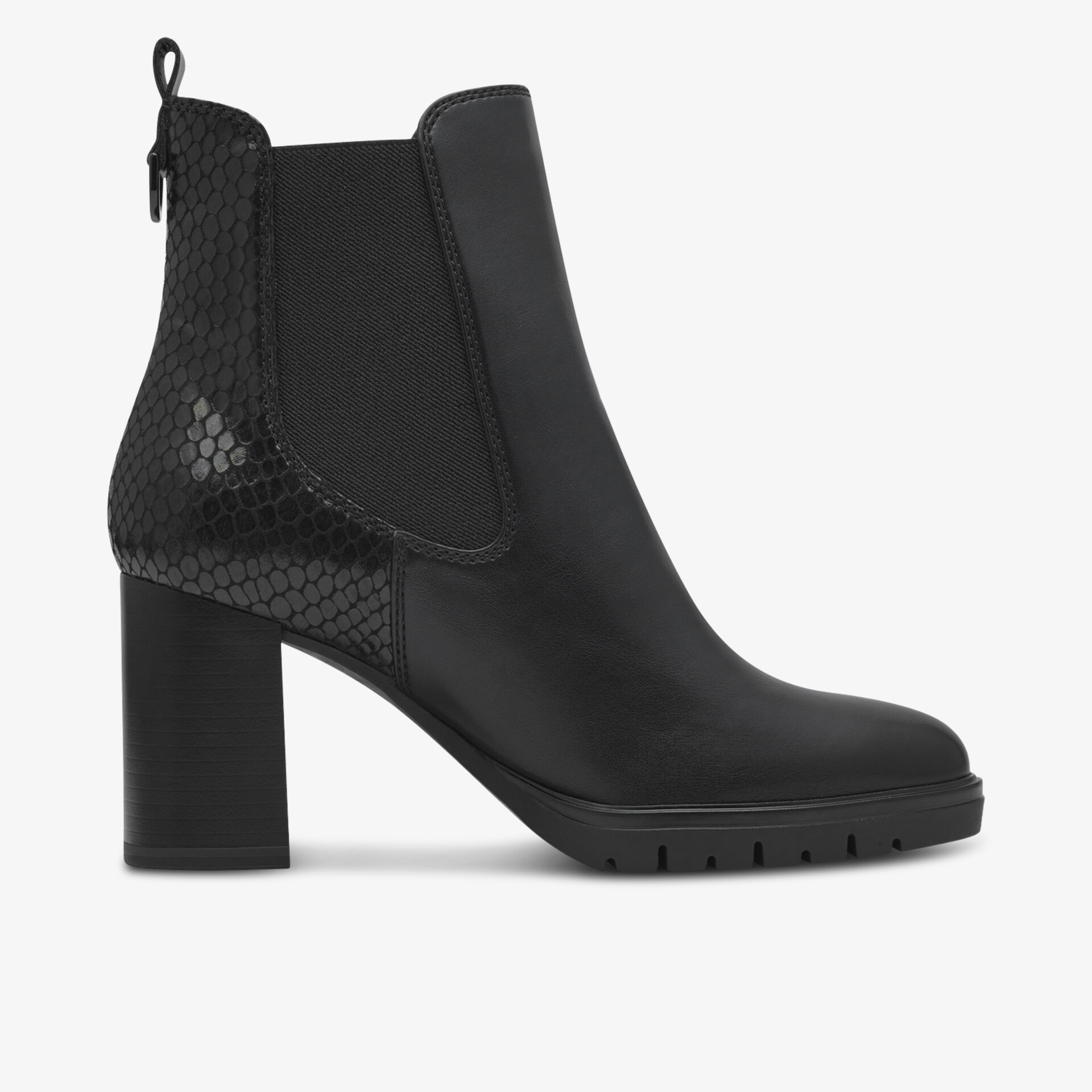 Schwarzer Chelsea-Boot mit Blockabsatz und seitlichem Reißverschluss, elegantes Design und strukturiertes Rückenteil