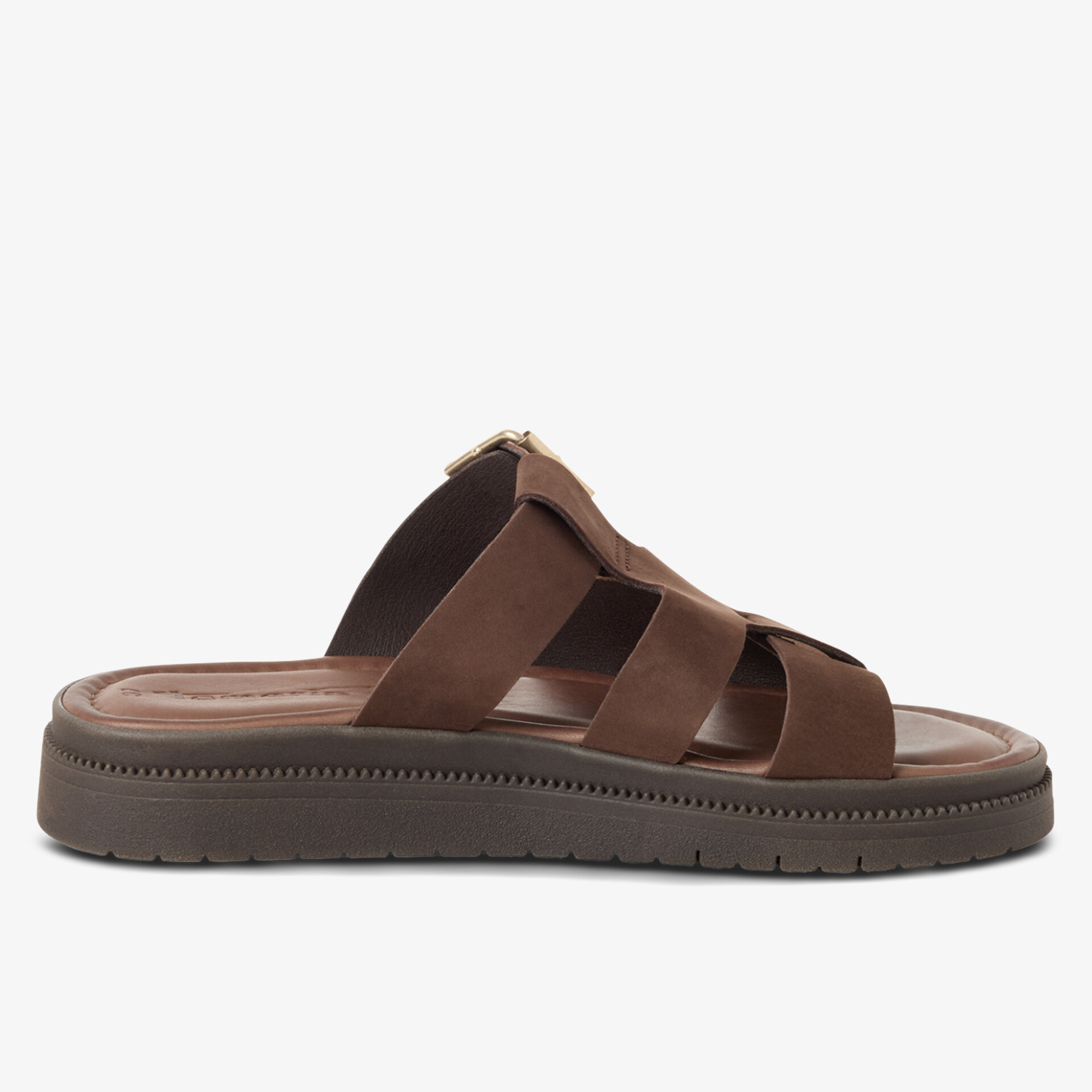 Seitenansicht einer bequemen braunen Sandale aus Leder mit offener Zehenpartie und rutschfester Sohle