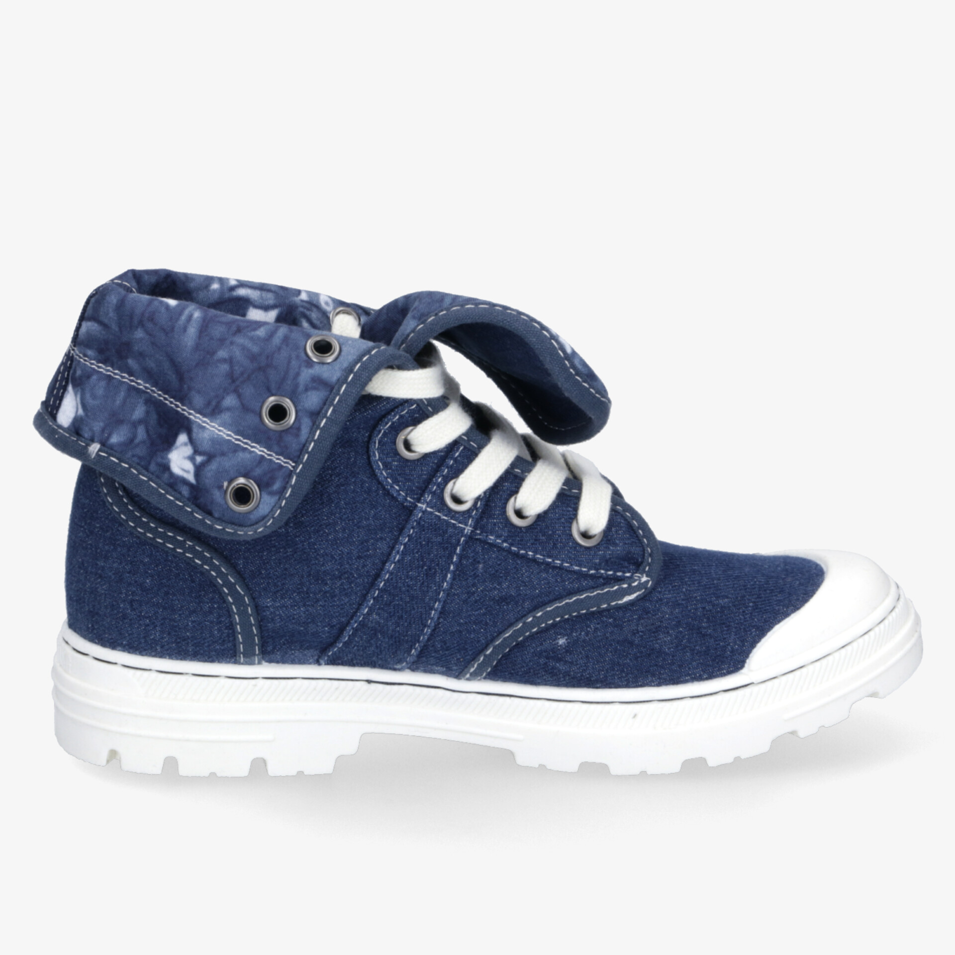 Jeansblauer Textil-Sneaker mit weißer Sohle, komfortabel und strapazierfähig, seitliche Ansicht