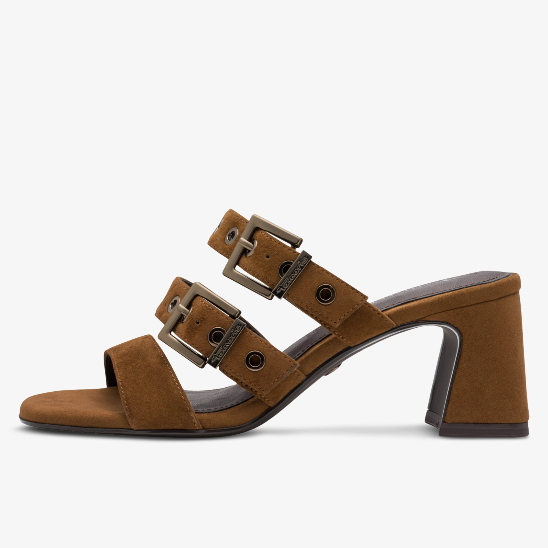 Elegante braune Sandale mit mittlerem Absatz und verstellbaren Doppelschnallen für optimalen Halt und Komfort