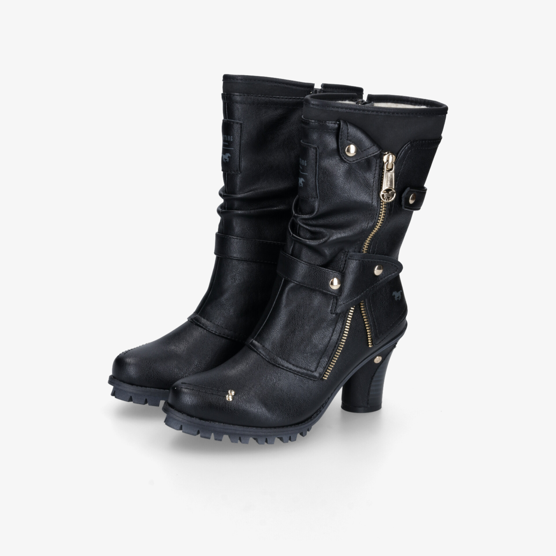 Elegante schwarze Stiefel mit hohem Absatz, Reißverschluss und Schnallen, für einen modischen und bequemen Auftritt