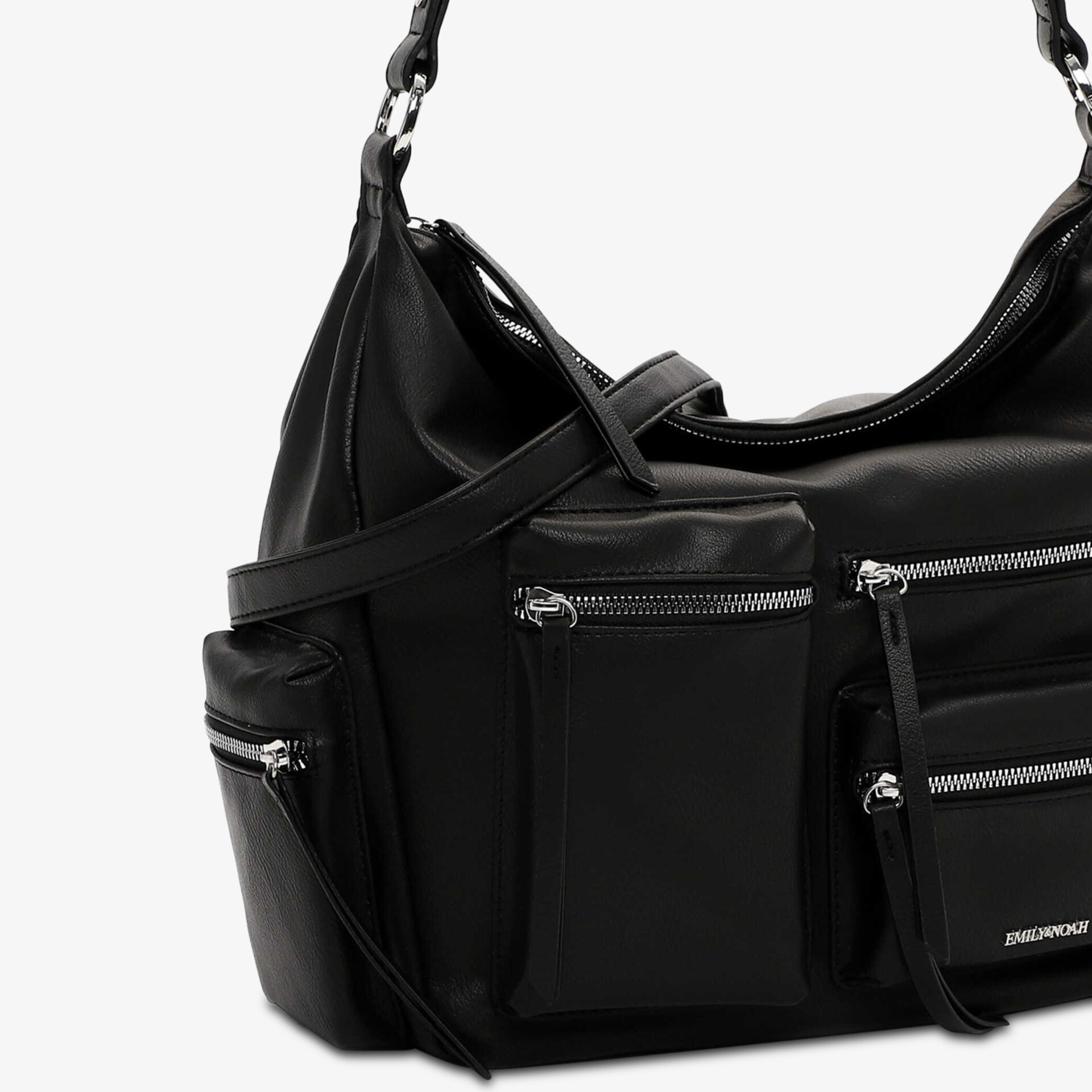 Schwarze Handtasche mit mehreren Reißverschlusstaschen und verstellbarem Schulterriemen, modernes Design