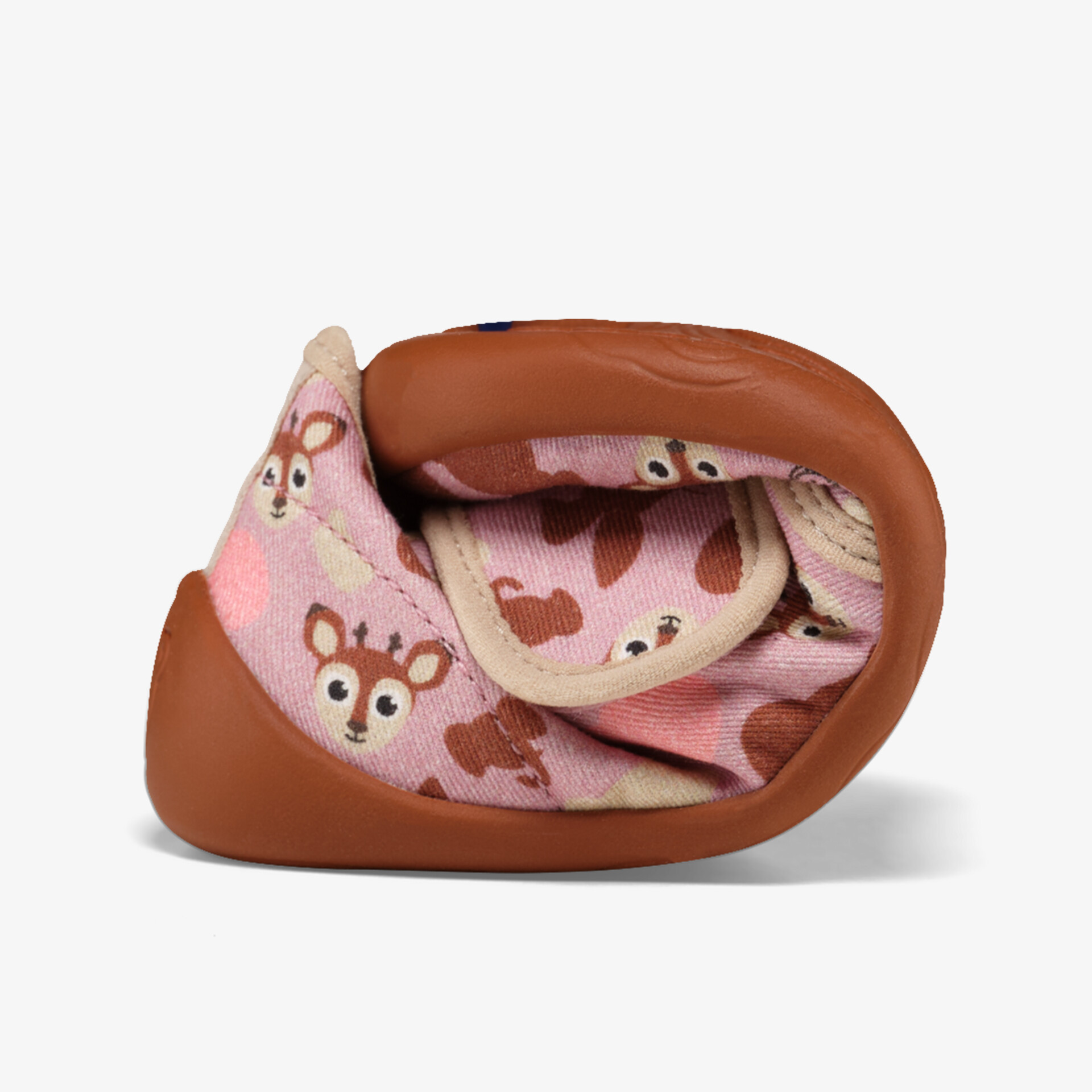 Weicher und flexibler Babyschuh in Braun und Rosa mit niedlichem Tiermotiv, bequem und leicht zum Anziehen