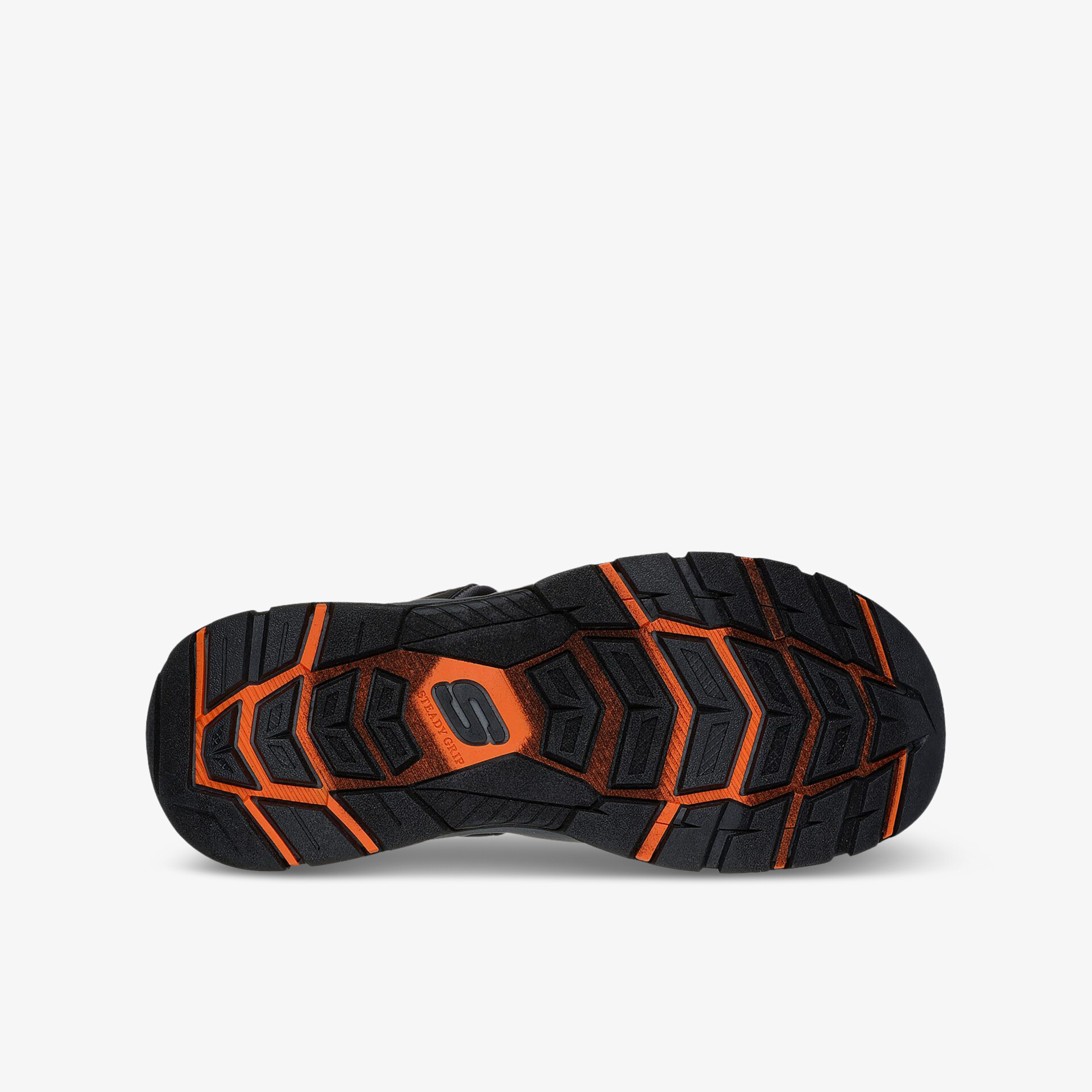 Robuste schwarze Schuhsohle mit orangefarbenem Profil für optimalen Halt und lange Lebensdauer