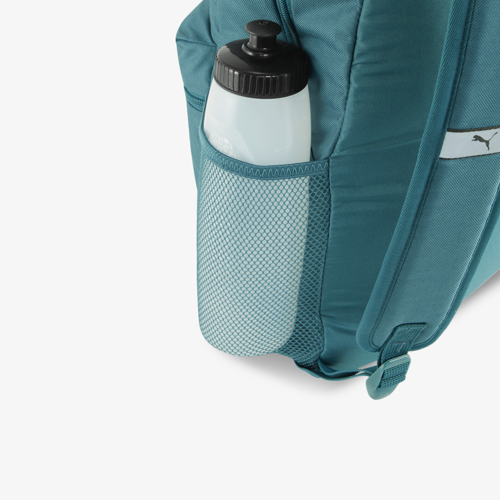 Türkisfarbener Rucksack mit praktischem Netzfach für Wasserflasche, sicherer Halt und leichter Zugang seitlich