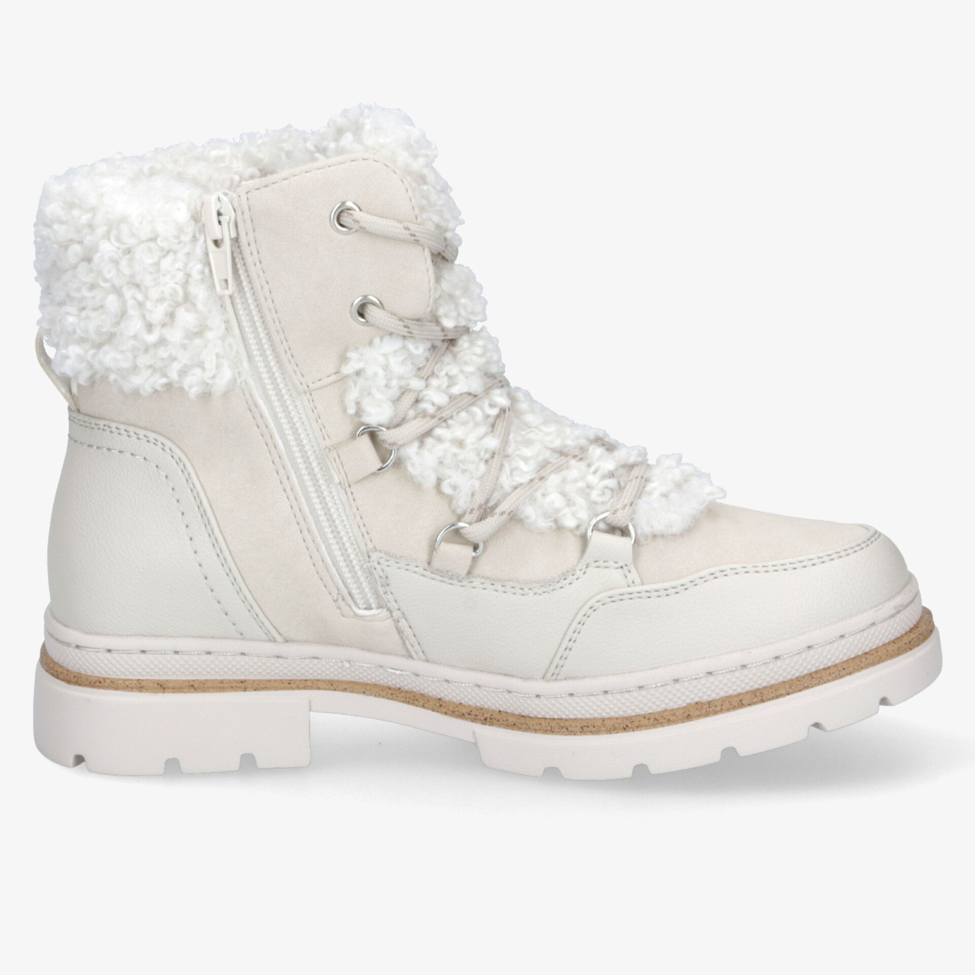 Seitliche Ansicht eines warm gefütterten Winterstiefels mit Reißverschluss und rutschfester Sohle