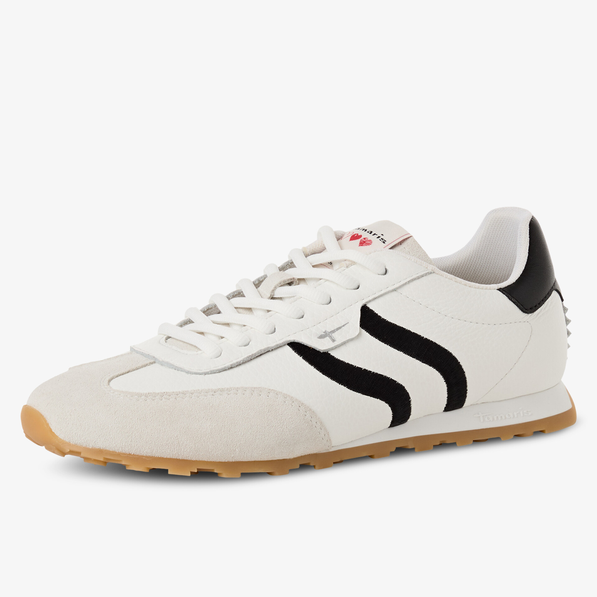 Weißer Sneaker mit schwarzem Streifen, leichter Sohle und sportlichem Design seitlich fotografiert