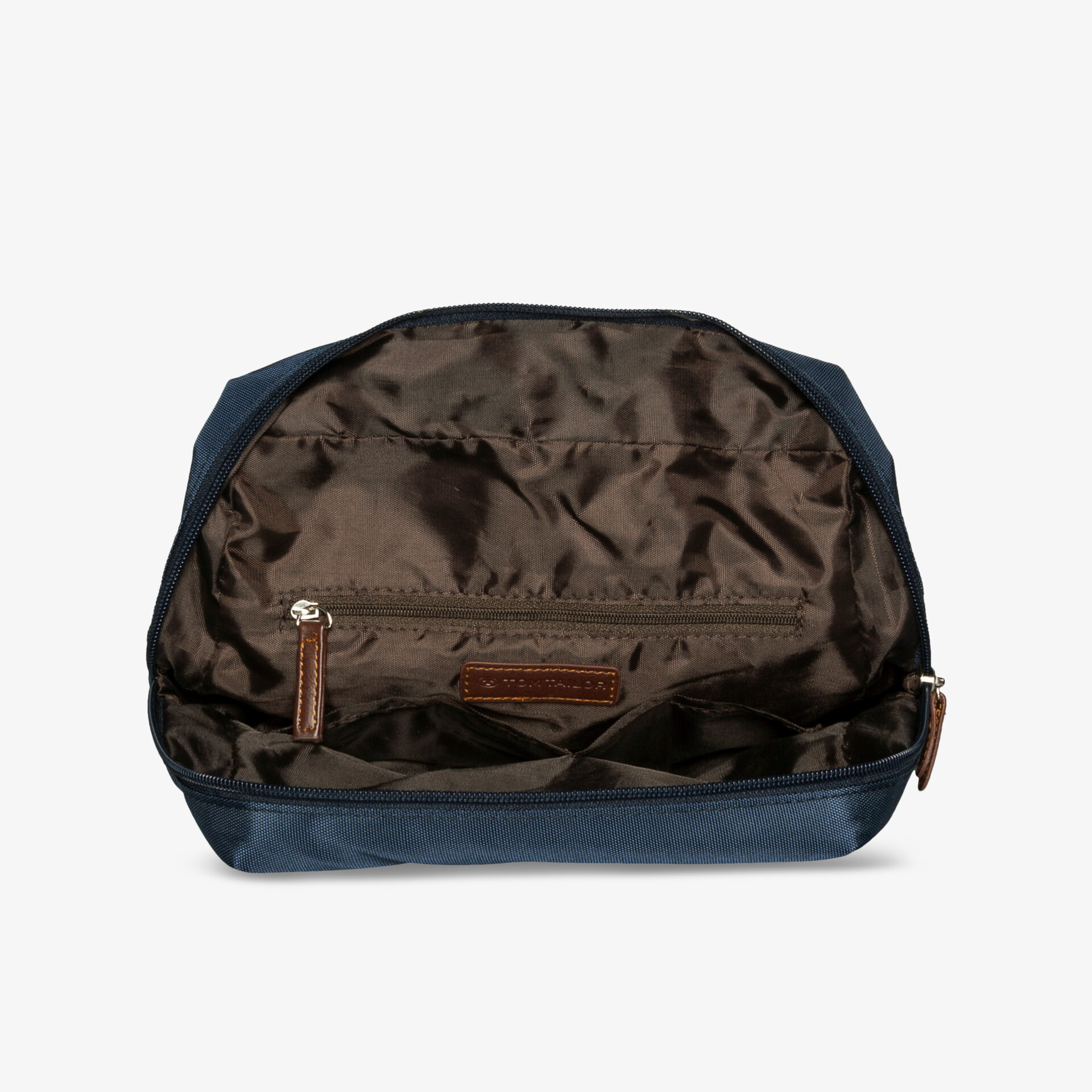 Kompakte Kulturtasche mit Reißverschluss und Innenfächern für eine organisierte Aufbewahrung von Pflegeartikeln.