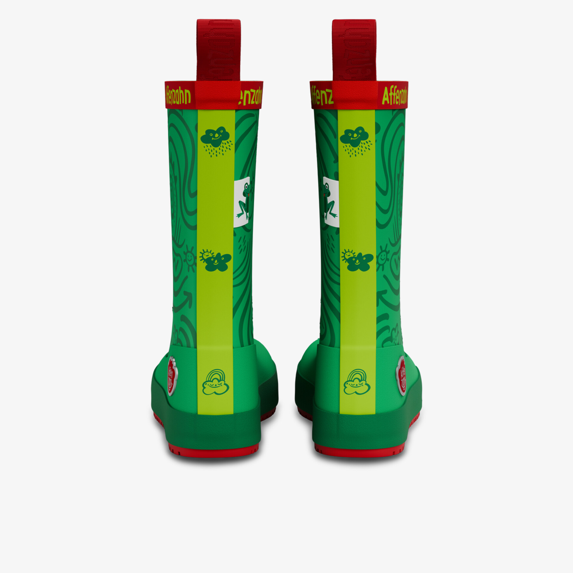 Grüne hohe Gummistiefel mit stabilem, rutschfestem Absatz gezeigt von hinten