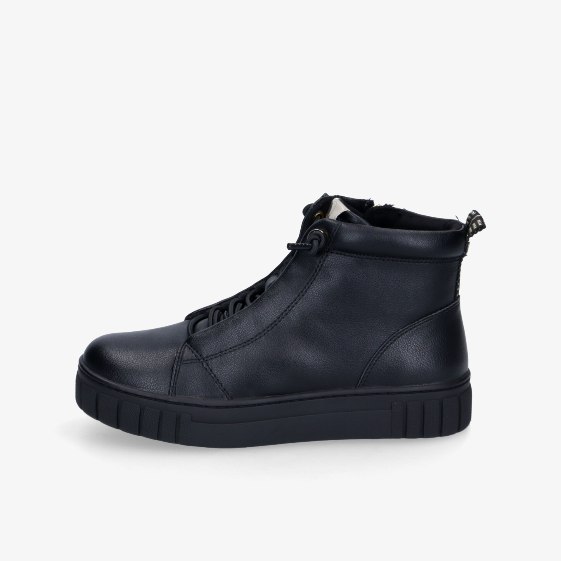 Schwarzer Sneaker seitliche Ansicht mit robustem Sohlenrand und modernem, sportlichem Design