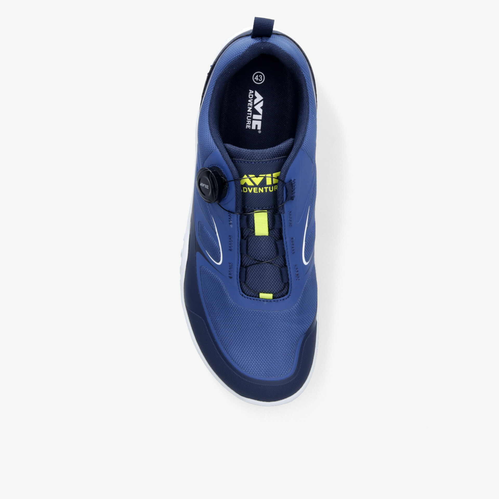 Bequemer blauer Sportschuh mit modernem Design und schnürfreiem Verschluss aus der Draufsicht.