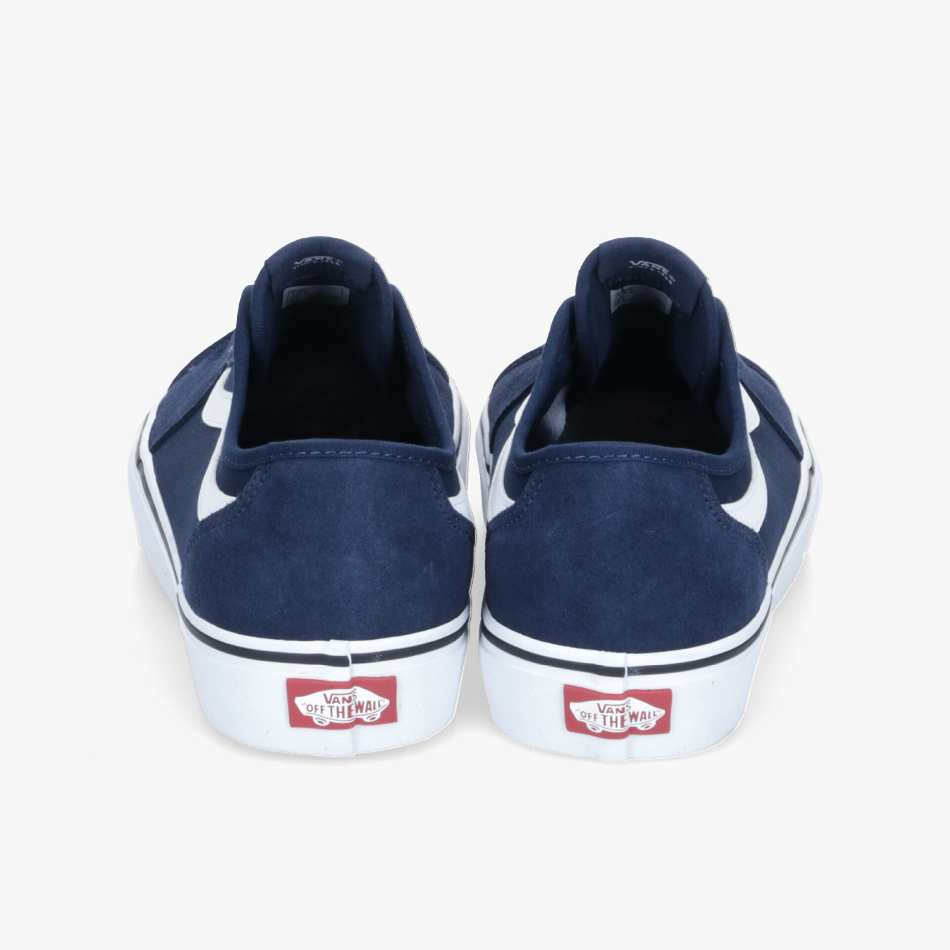 Robuste blaue Sneaker mit weißem Streifen, bequemes Design, Paaransicht von hinten