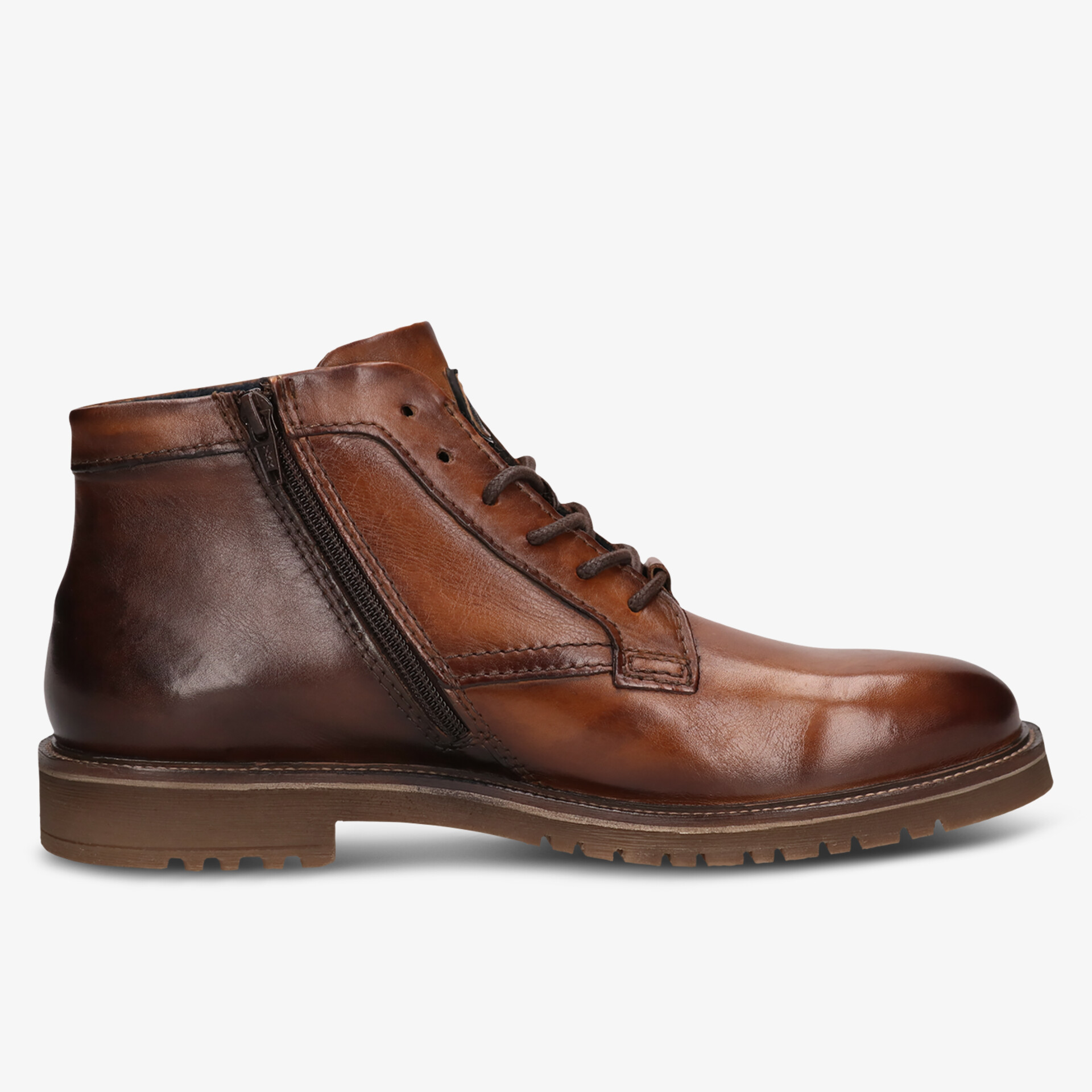 Brauner Lederstiefel mit seitlichem Reißverschluss und Schnürung, glatte Oberfläche und profilierte Sohle, bequem und stilvoll