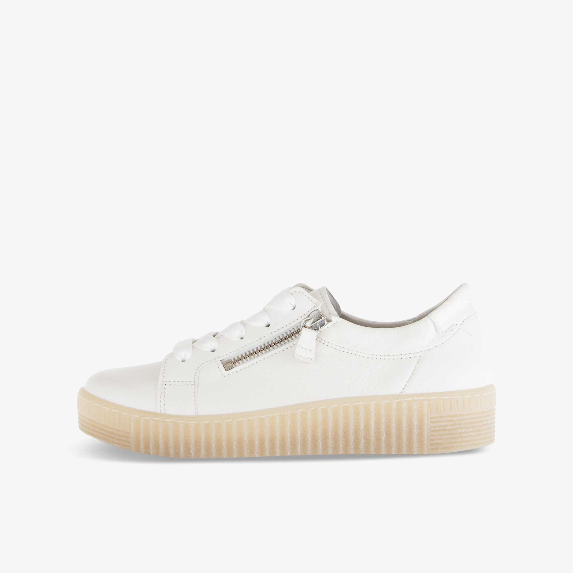 Moderner weißer Sneaker mit seitlicher Reißverschlussdetail und komfortabler Profilsohle, sportlich und stylisch