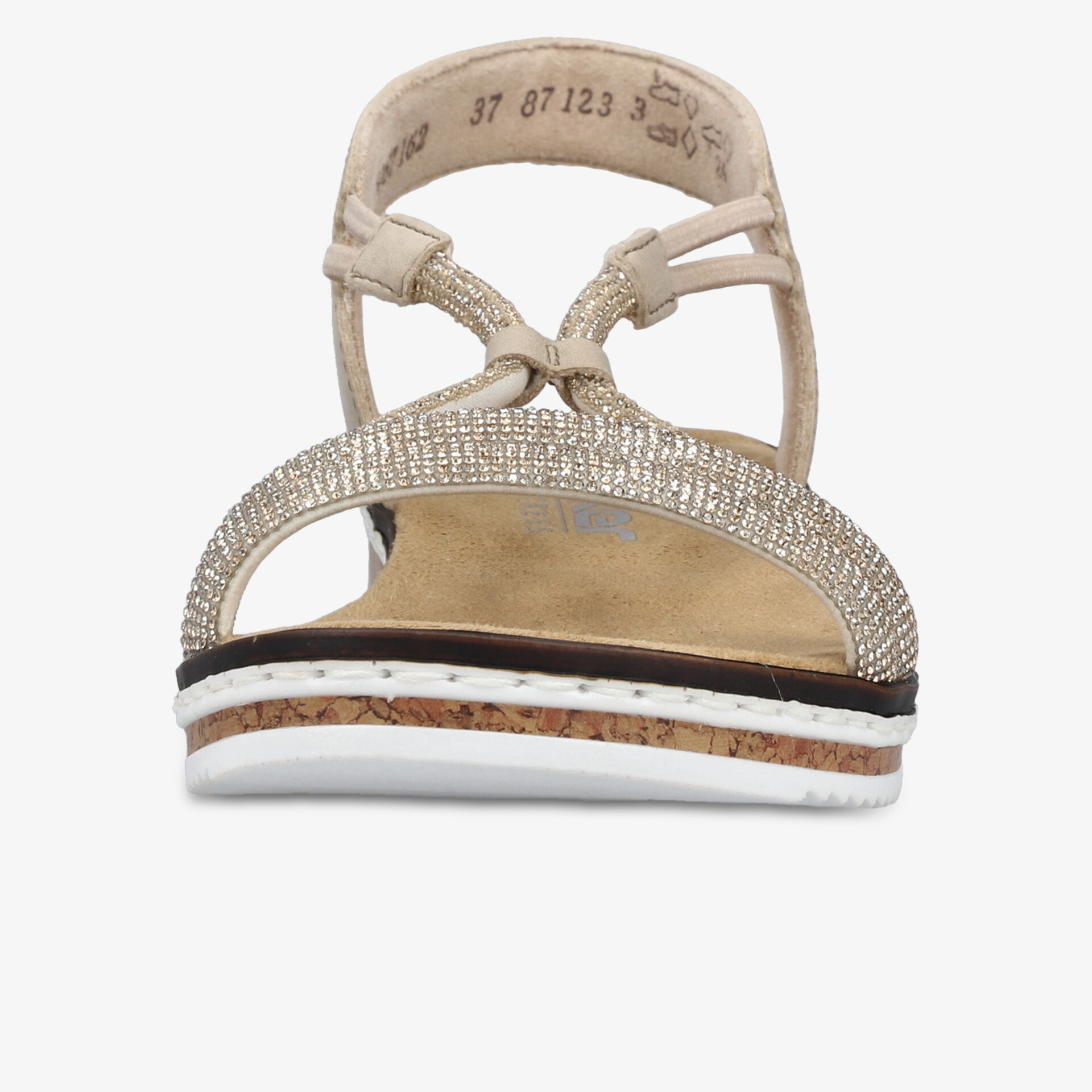 Frontansicht einer eleganten Sandale mit funkelnden Riemen und bequemer Sohle für modischen Komfort