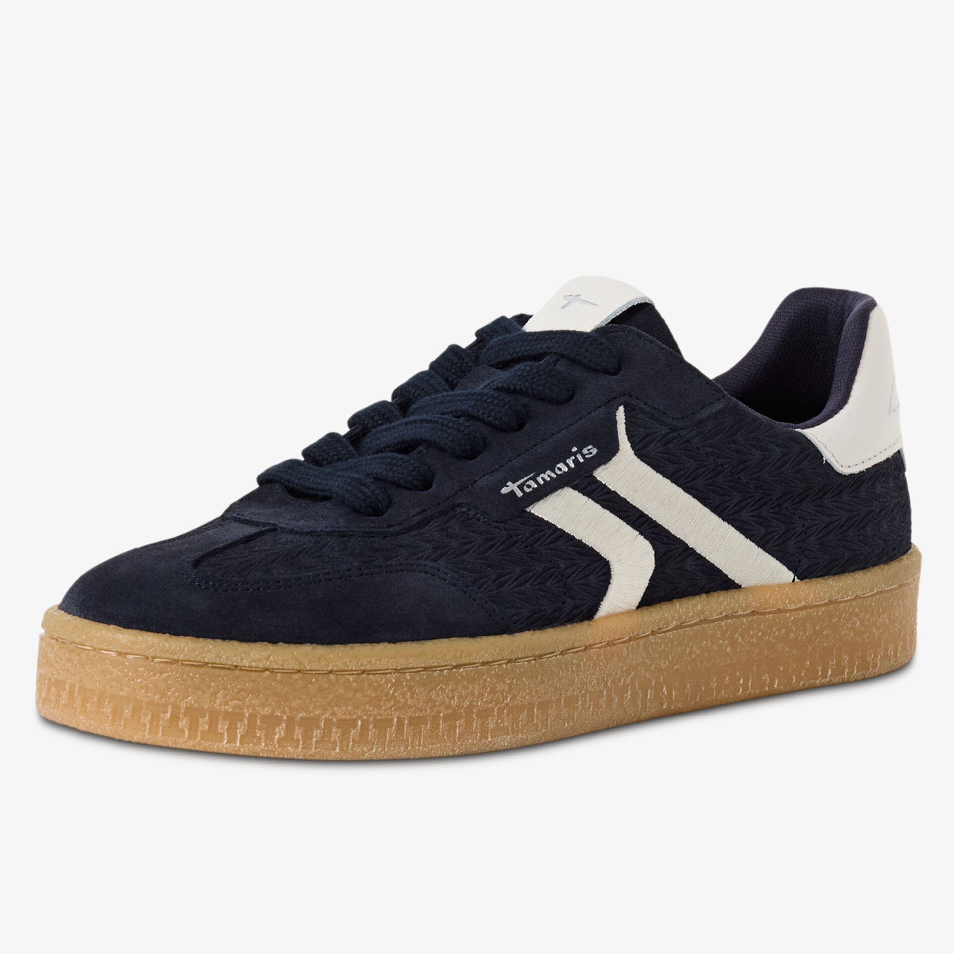 Lässiger Sneaker in navy mit hellen Zierstreifen und brauner Sohle, sportlich und bequem
