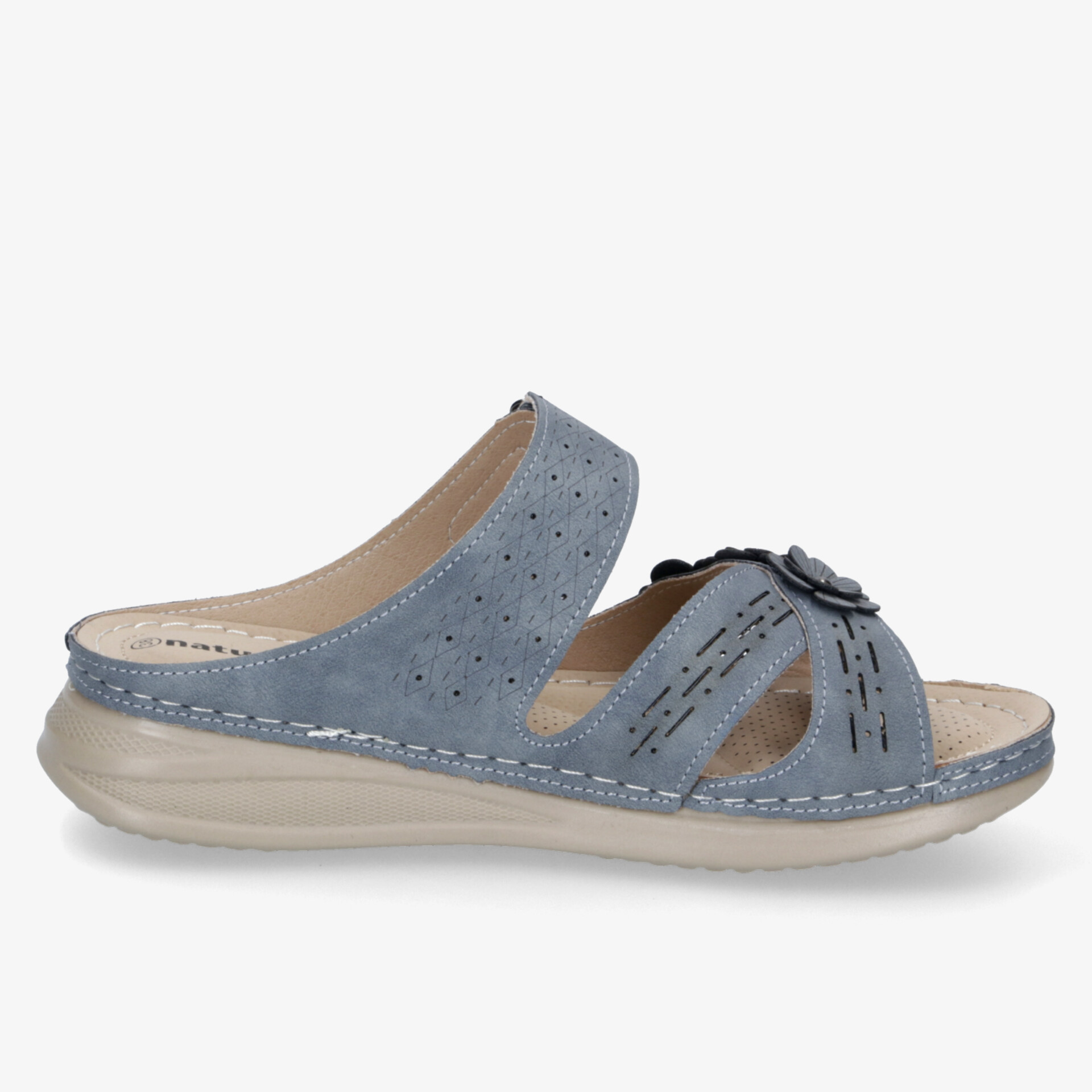 Leichte blaue Pantolette mit weichem Fußbett und verstellbarem Riemen, ideal für hohen Tragekomfort und guten Halt