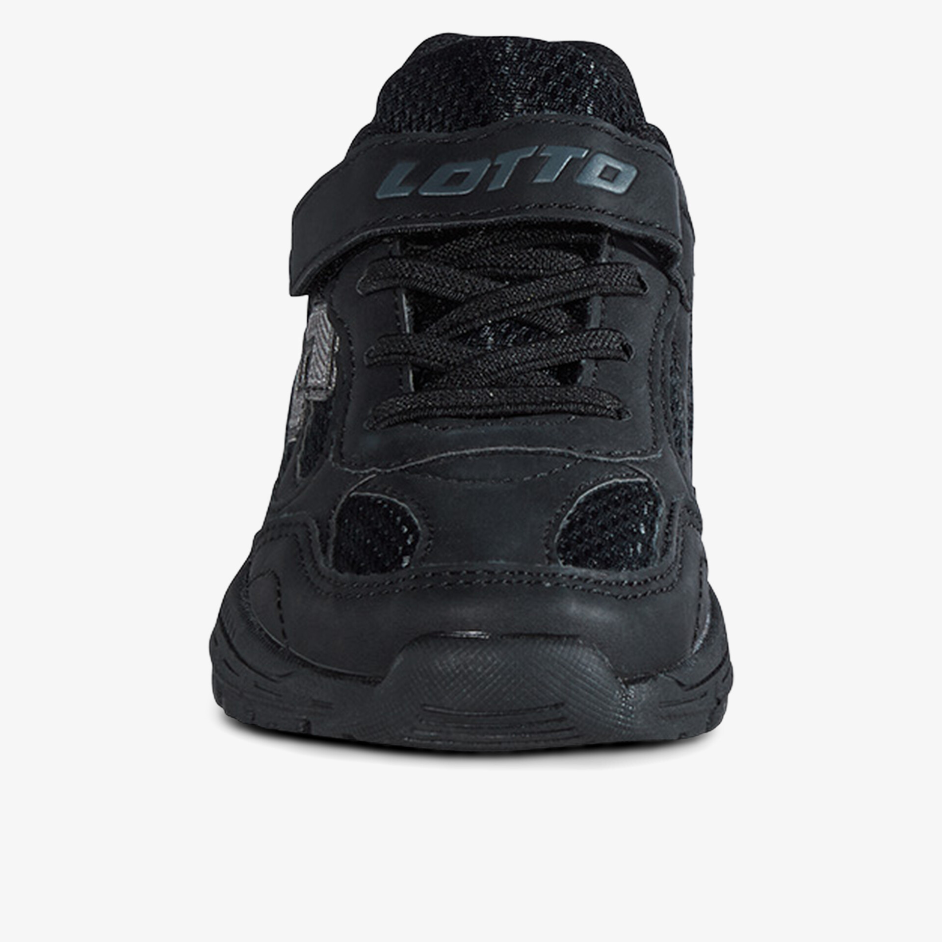 Schwarzer Sportschuh mit robuster Schnürung und komfortabler Passform, frontal zu sehen