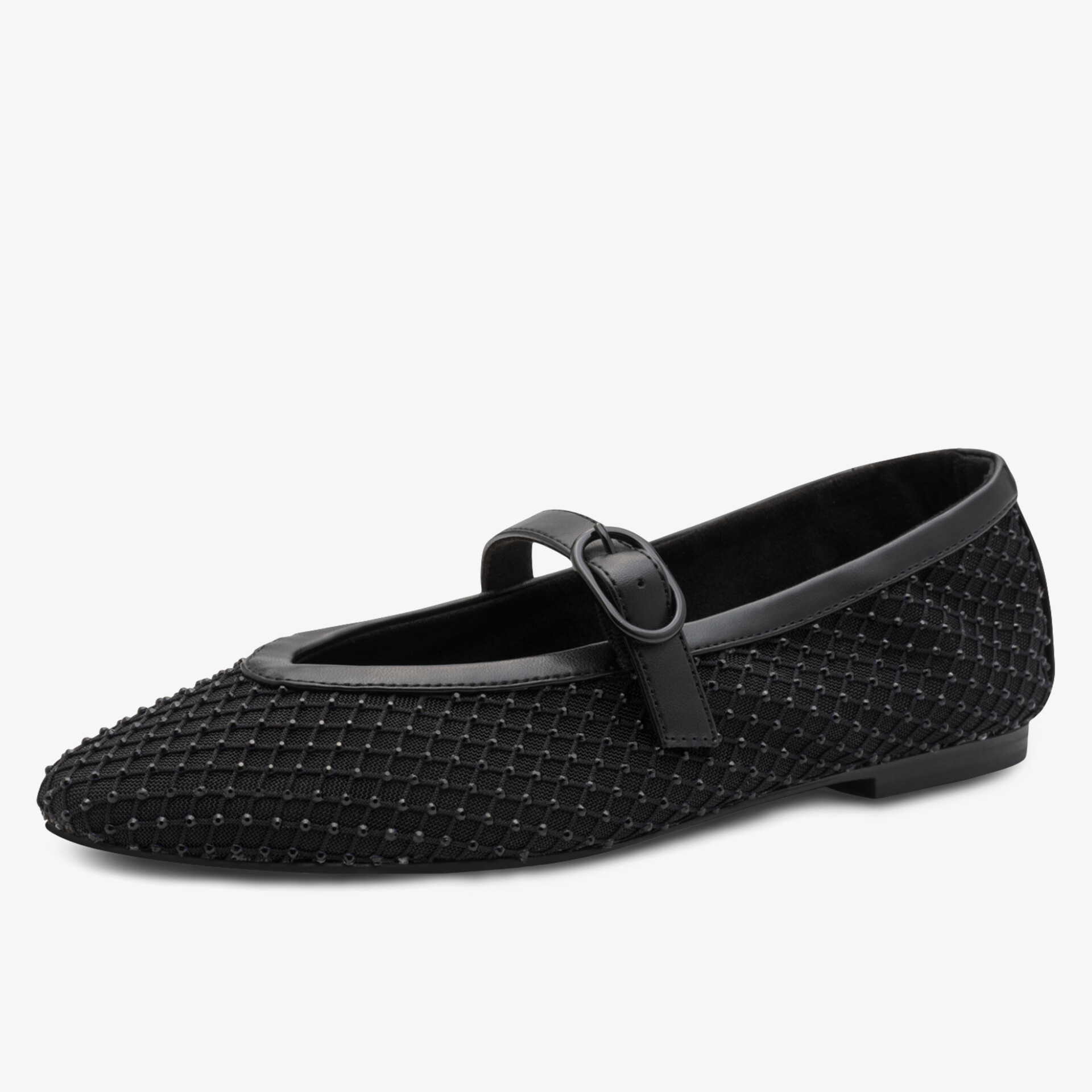 Eleganter schwarzer Schuh mit Riemchen und flacher Sohle, ideal für jeden Anlass