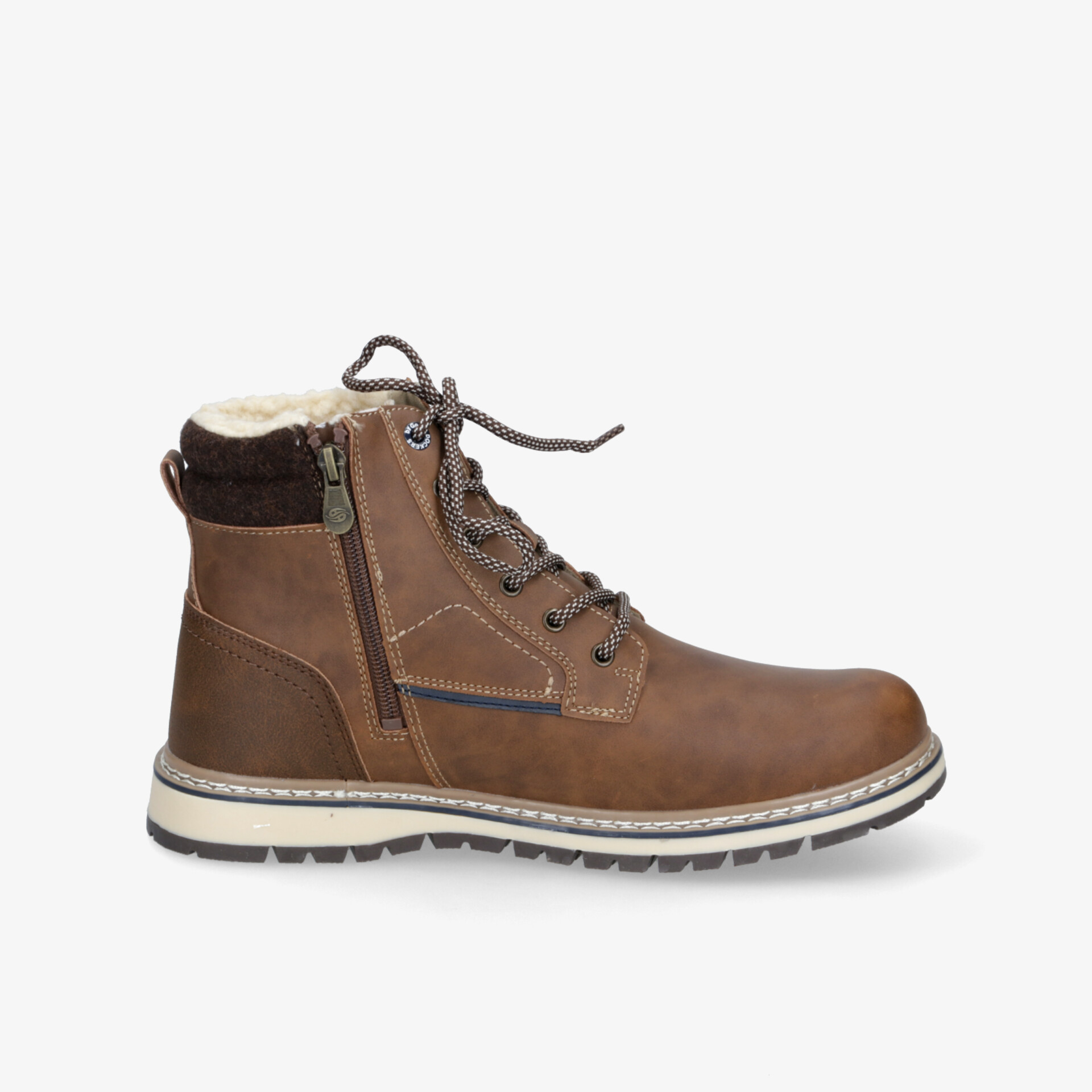 Robuster brauner Lederstiefel mit warmer Innenfütterung, rutschfester Sohle und praktischem Reißverschluss seitlich