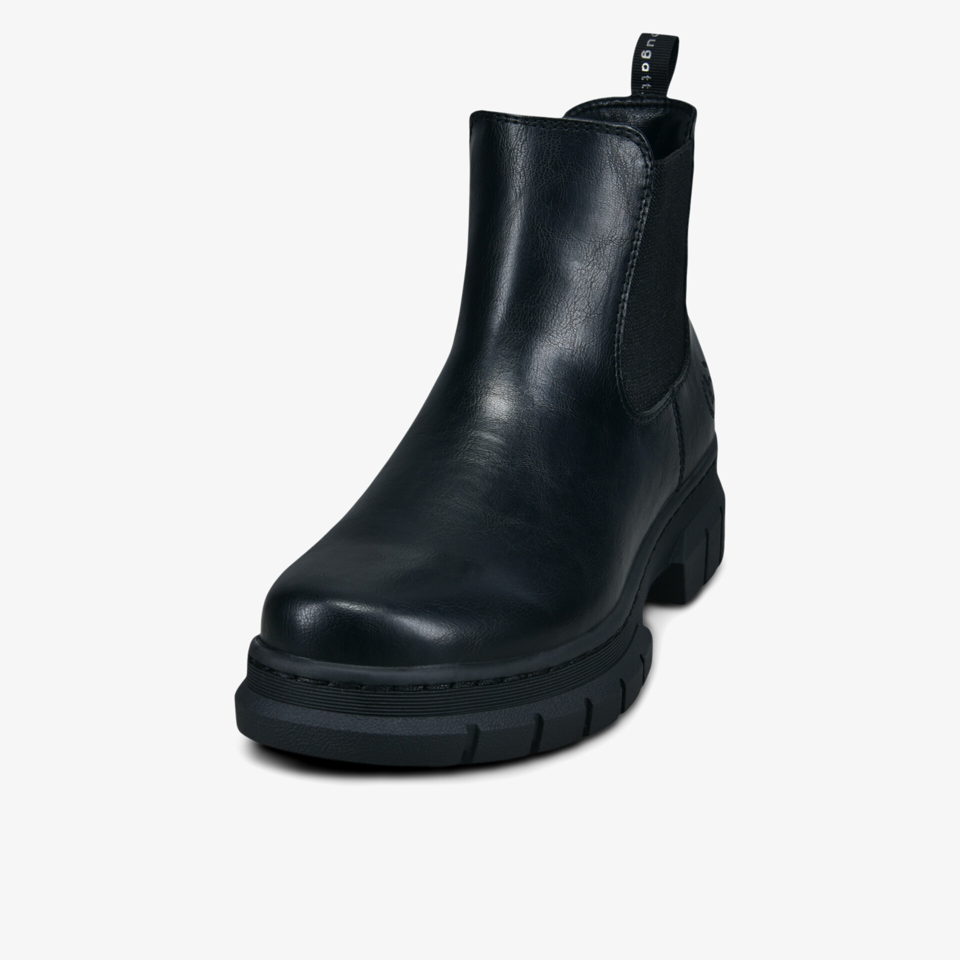 Schwarzer robuster Lederstiefel mit rutschfester Sohle und elastischen seitlichen Einsätzen für hohen Tragekomfort