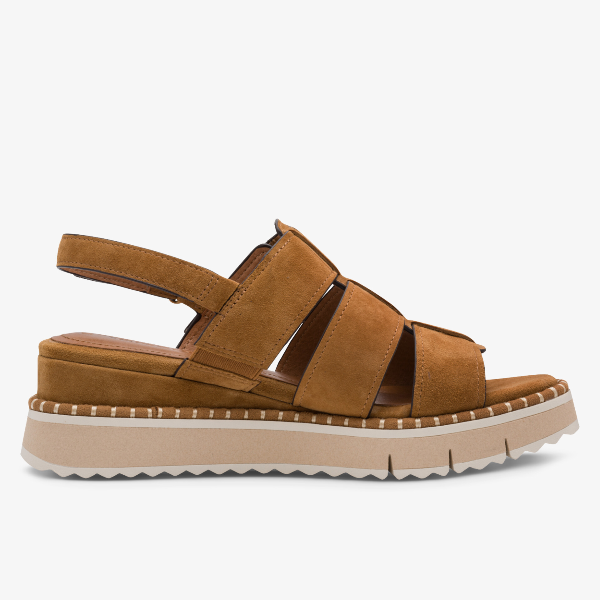 Seitliche Ansicht einer braunen Sandale aus Leder mit verstellbarem Riemen und profilierter Sohle