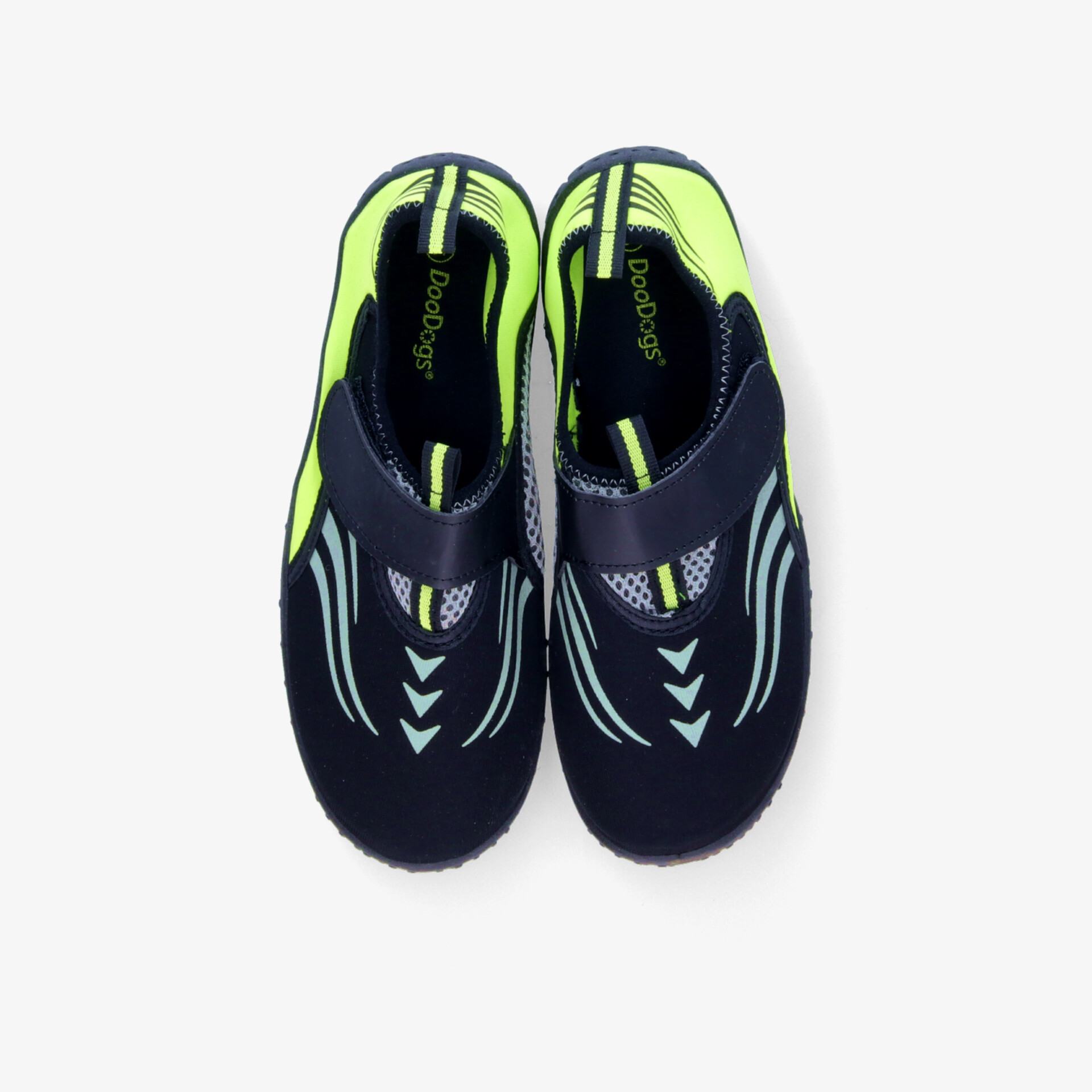 Wasserdichte Wassersportschuhe in Schwarz und Neon-Grün mit rutschfester Sohle und elastischem Einstieg, bequem und leicht