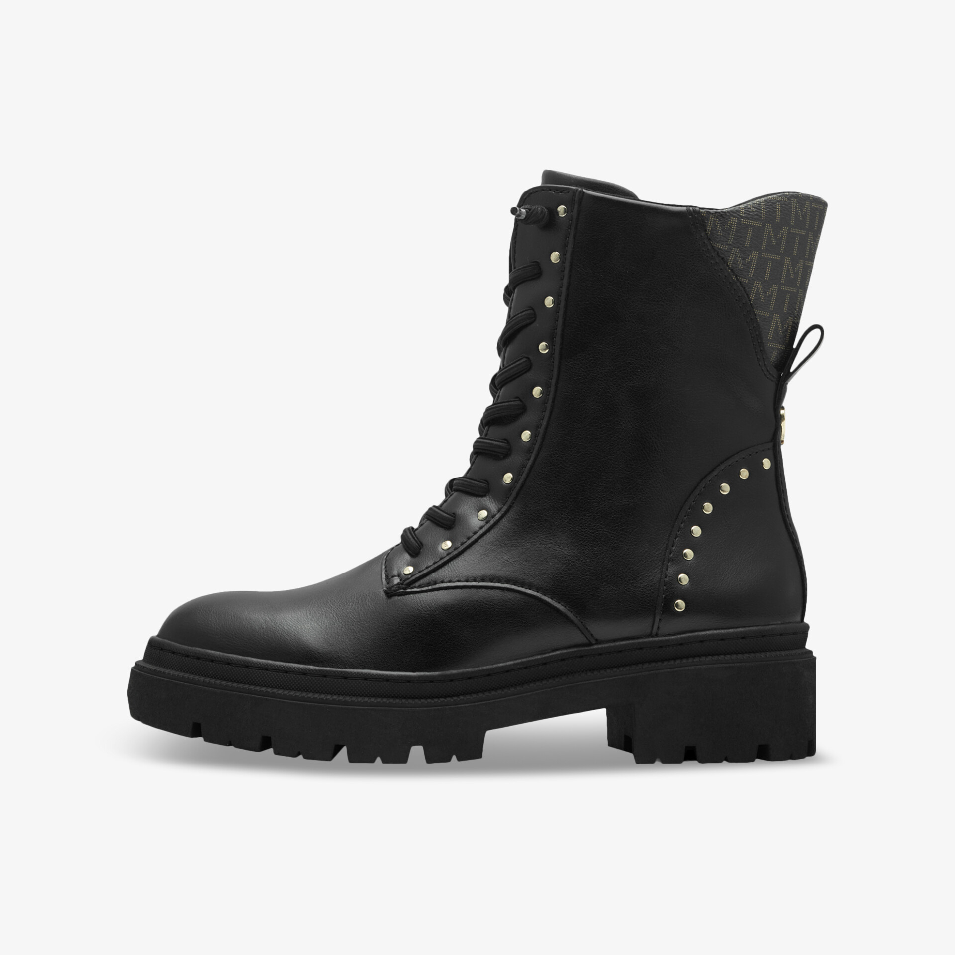 Robuster schwarzer Lederkampfstiefel mit dick profilierter Sohle und seitlicher Schnürung, modisch und langlebig