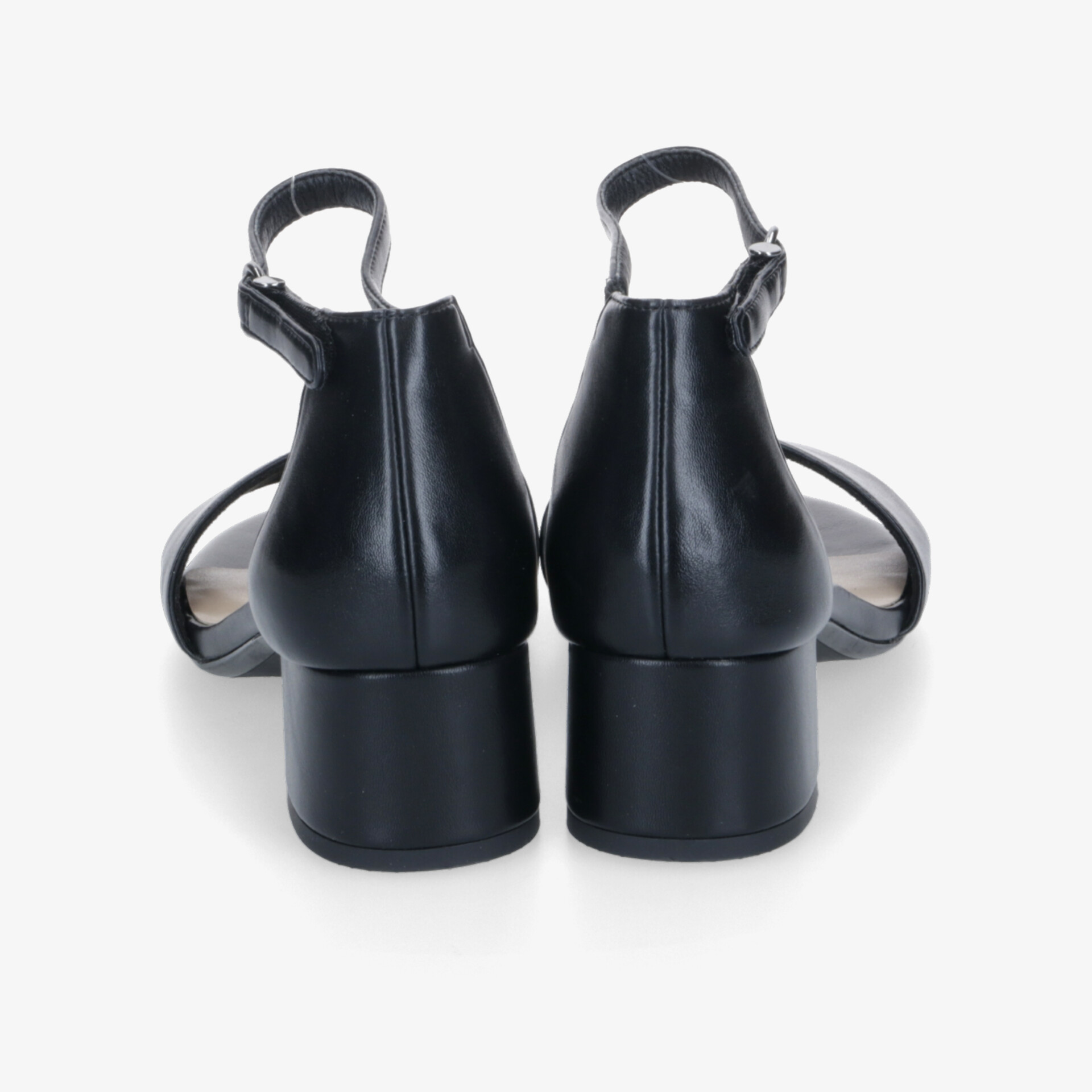 Schwarze Sandalette mit elegantem Blockabsatz und verstellbarem Knöchelriemen, Rückansicht hochwertig verarbeitet