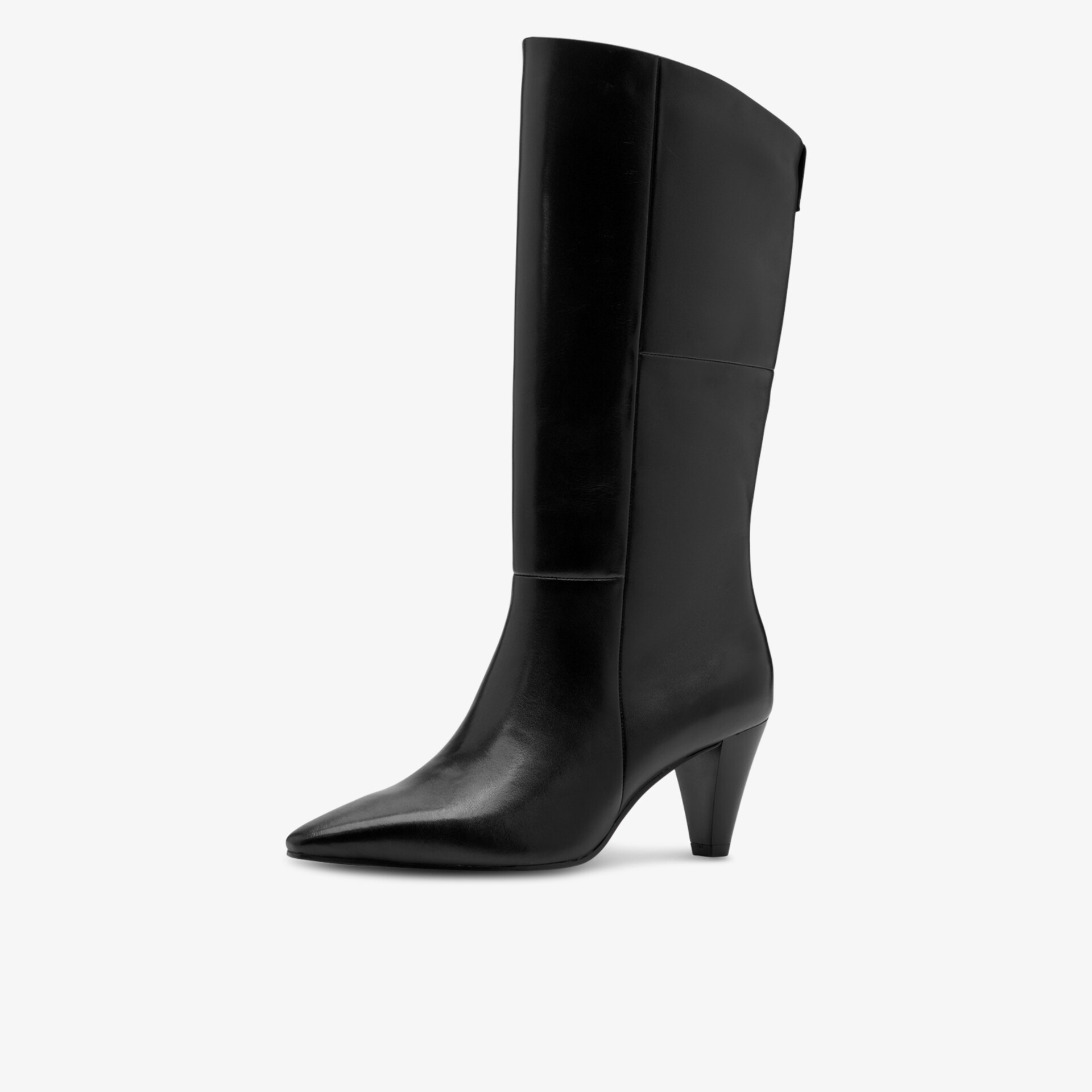 Schwarzer eleganter Stiefel mit spitzem Zehenbereich und mittelhohem Absatz aus hochwertigem Leder