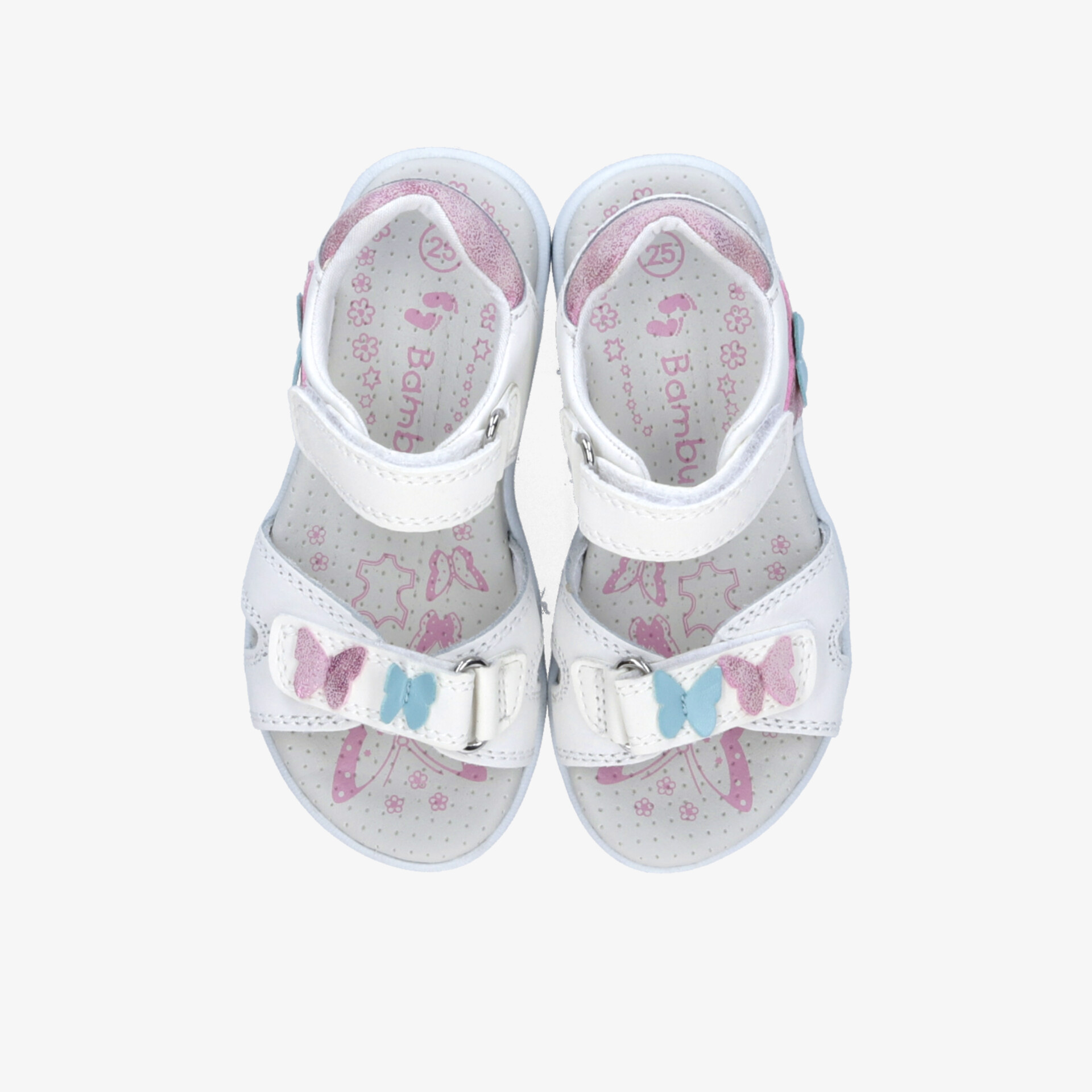 Weiße Kindersandalen mit verstellbaren Riemen und bunten Schmetterlingsmotiven, weich und bequem für warme Tage