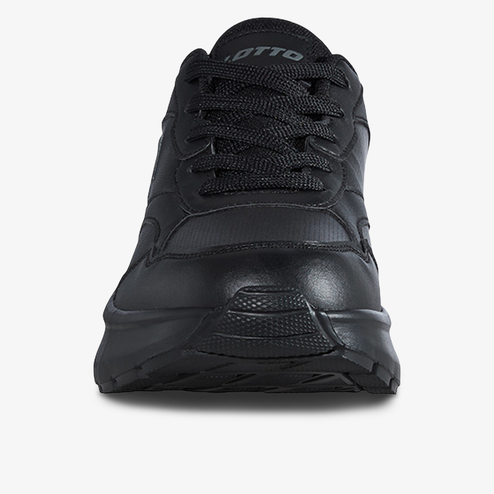 Schwarzer robuster Sportschuh mit Schnürsenkeln in Frontansicht, bequem und strapazierfähig