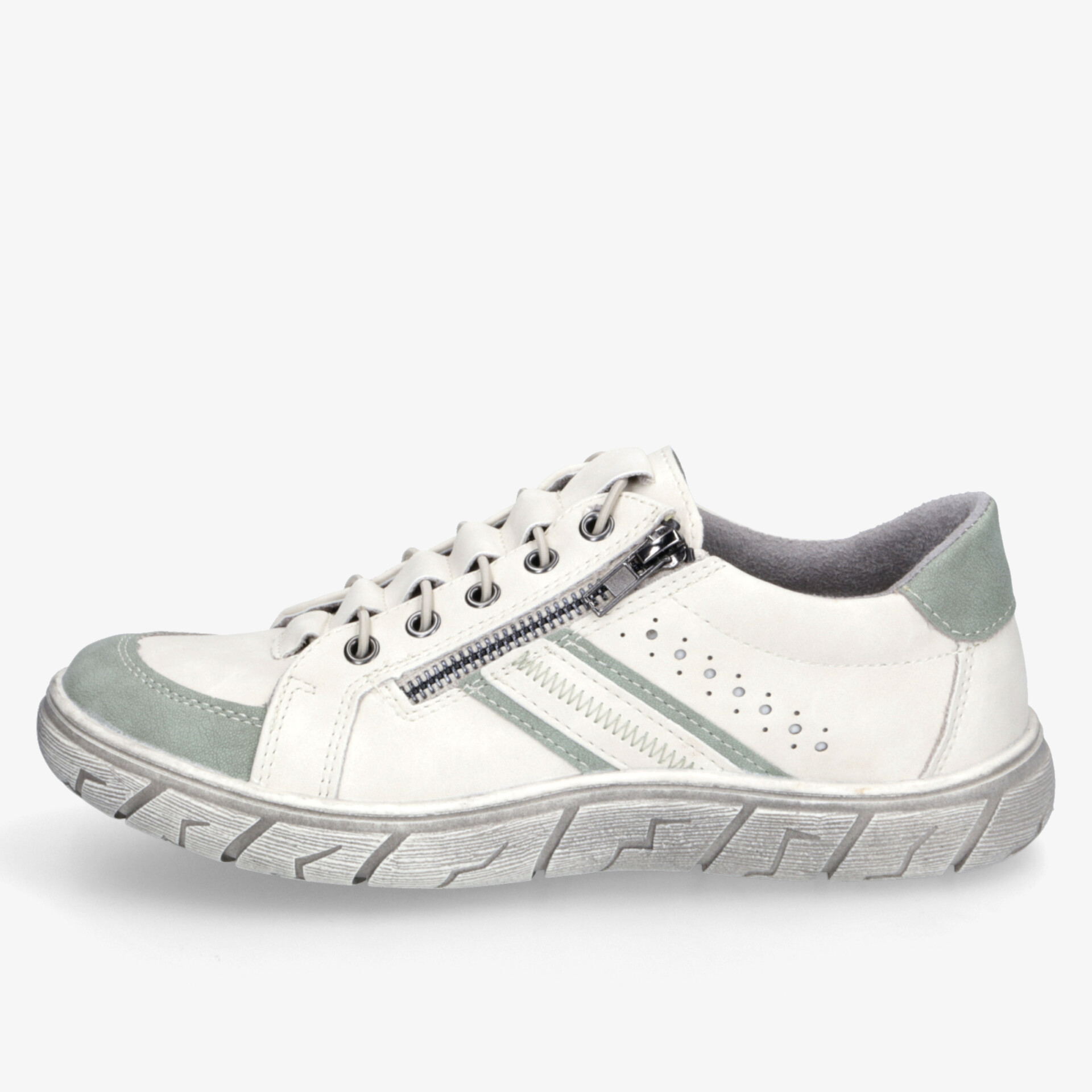 Sportlicher weißer Sneaker mit seitlichem Reißverschluss, atmungsaktiv und bequeme Passform in klarer Seitenansicht