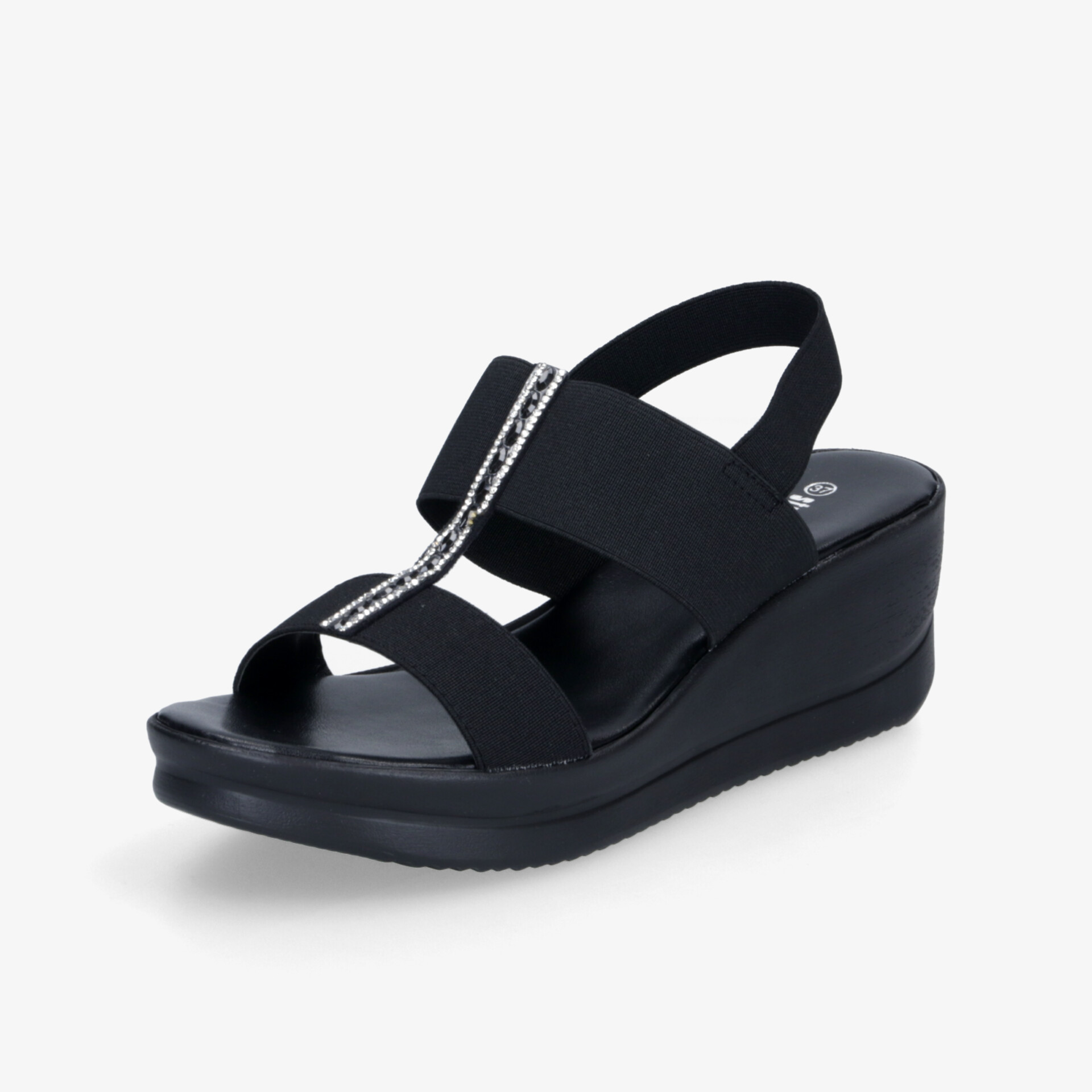 Schwarze Sandale mit Keilabsatz und elastischen Riemen für hohen Komfort und modischen Stil