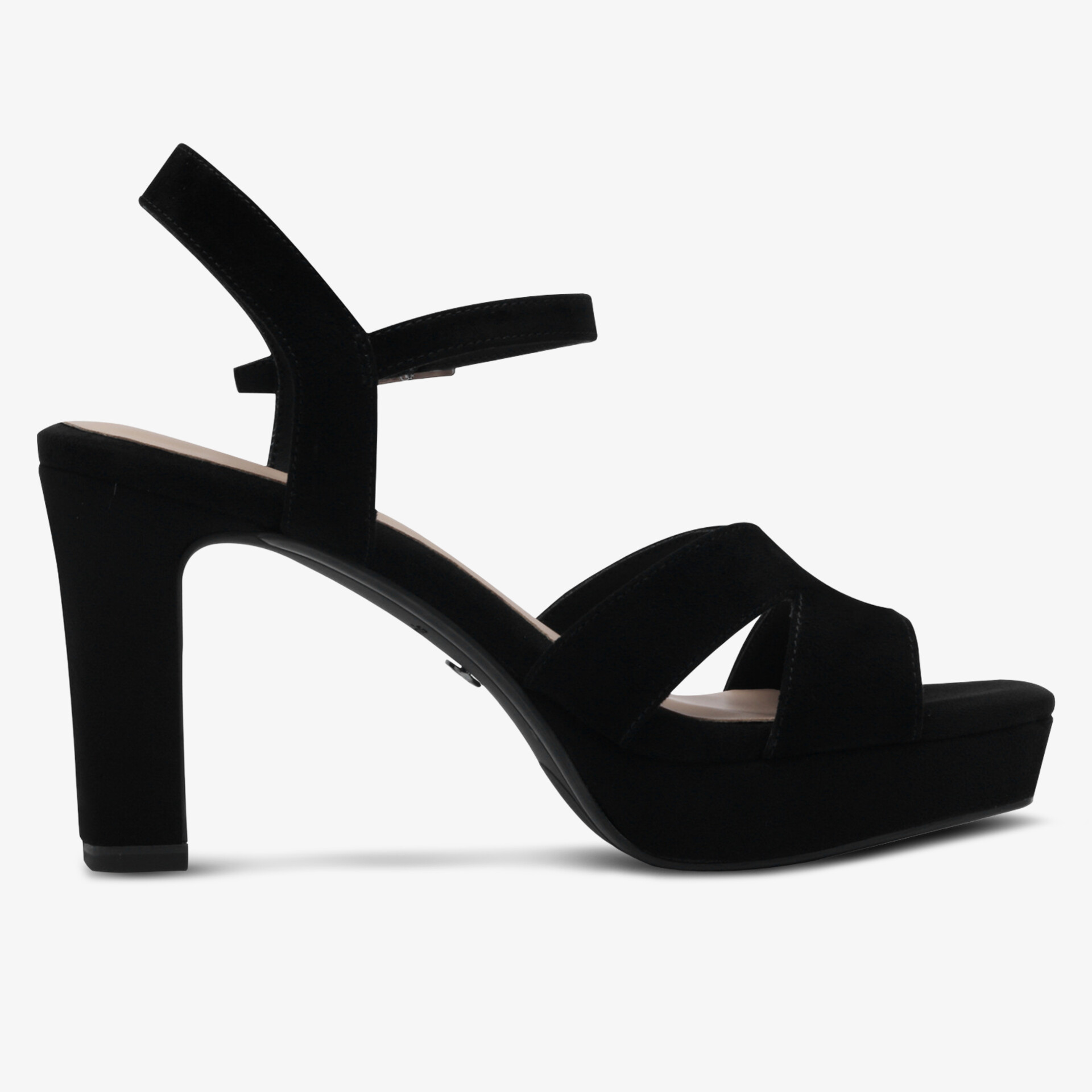 Schwarze Sandale mit hohem Blockabsatz und Plateau, eleganter Schuh mit Riemchen für stilvollen Auftritt