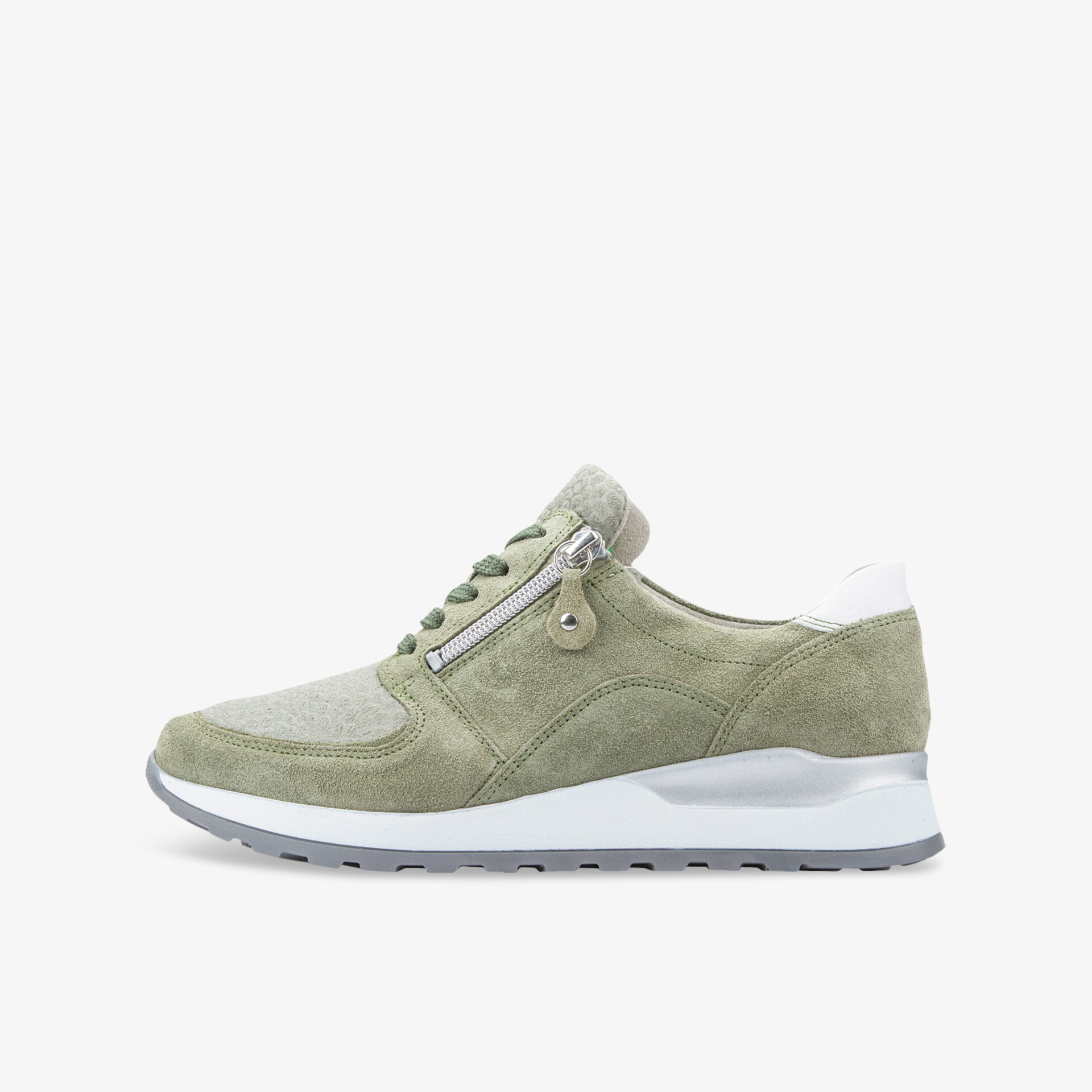 Grüner Wildleder Sneaker mit Reißverschluss und weißer Sohle, komfortabel und leicht, seitliche Ansicht