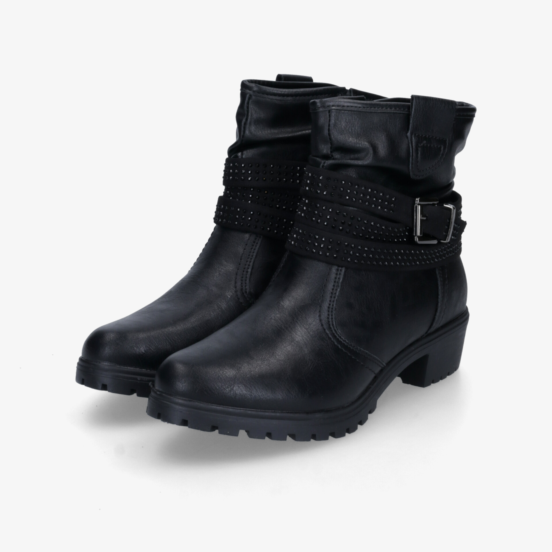 Robuste schwarze Stiefelette mit dekorativer Schnalle und rutschfester Sohle für komfortablen Halt