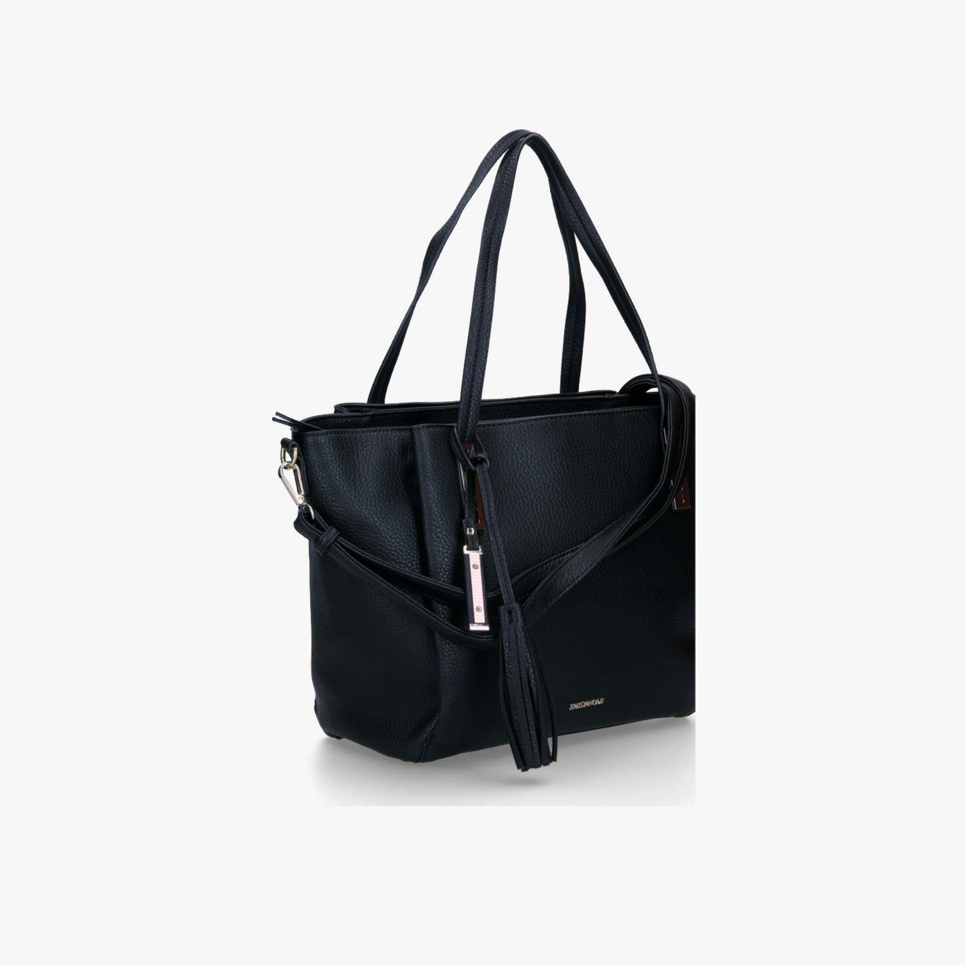 Elegante schwarze Tasche mit praktischen Tragegriffen und zusätzlichem Schulterriemen in schräger Frontansicht