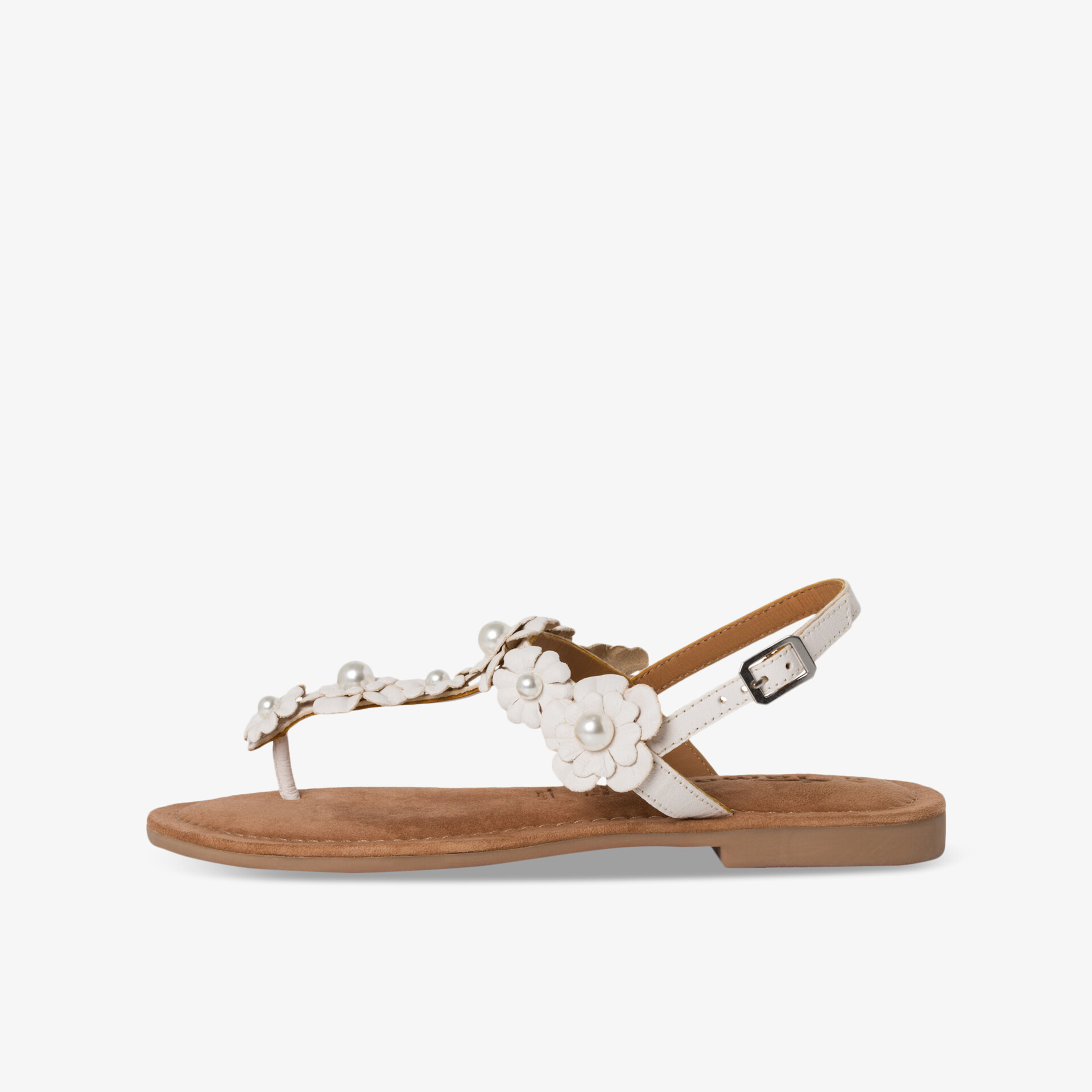Weiße Sandale mit Blütenverzierung und verstellbarem Riemen, flach und bequem, ideal für sommerliche Tage
