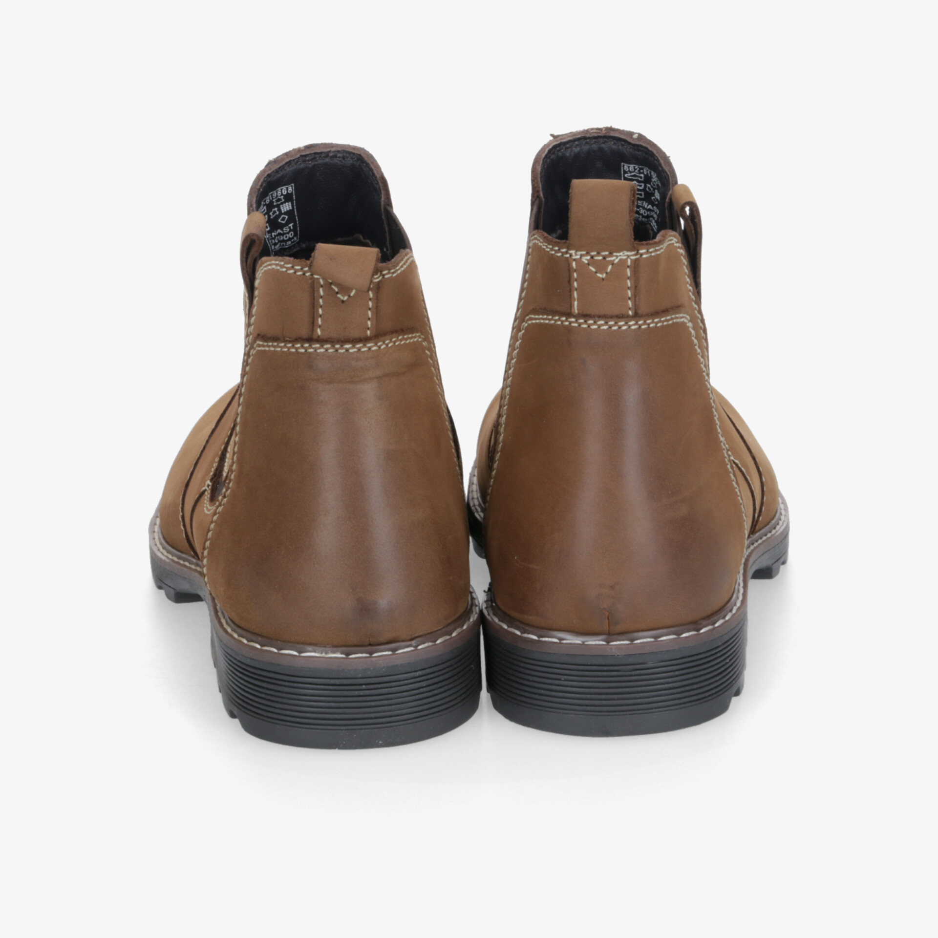 Braune Lederstiefel von hinten mit robustem Design und rutschfester Sohle, klassisch und bequem