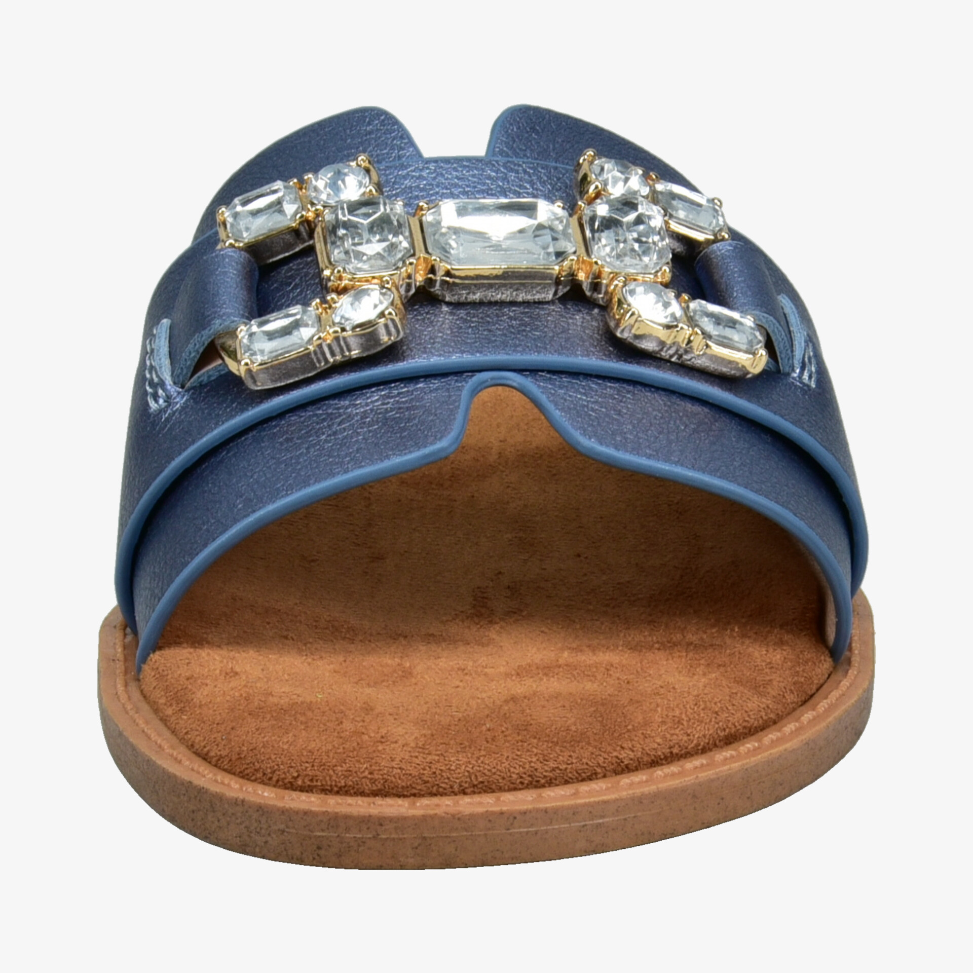 Blauer Slide mit weichem Fußbett und funkelnden Strasssteinen für eleganten und komfortablen Tragekomfort